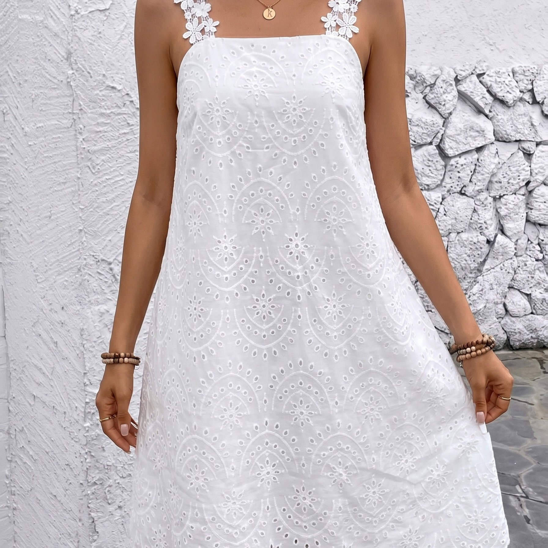TEMU French Hollow Embroidery Square-neck Sleeveless Dress, With Lace Shoulder Strap Design, Loose A-line Vacation Midi Dress, Niannian Women's Wear