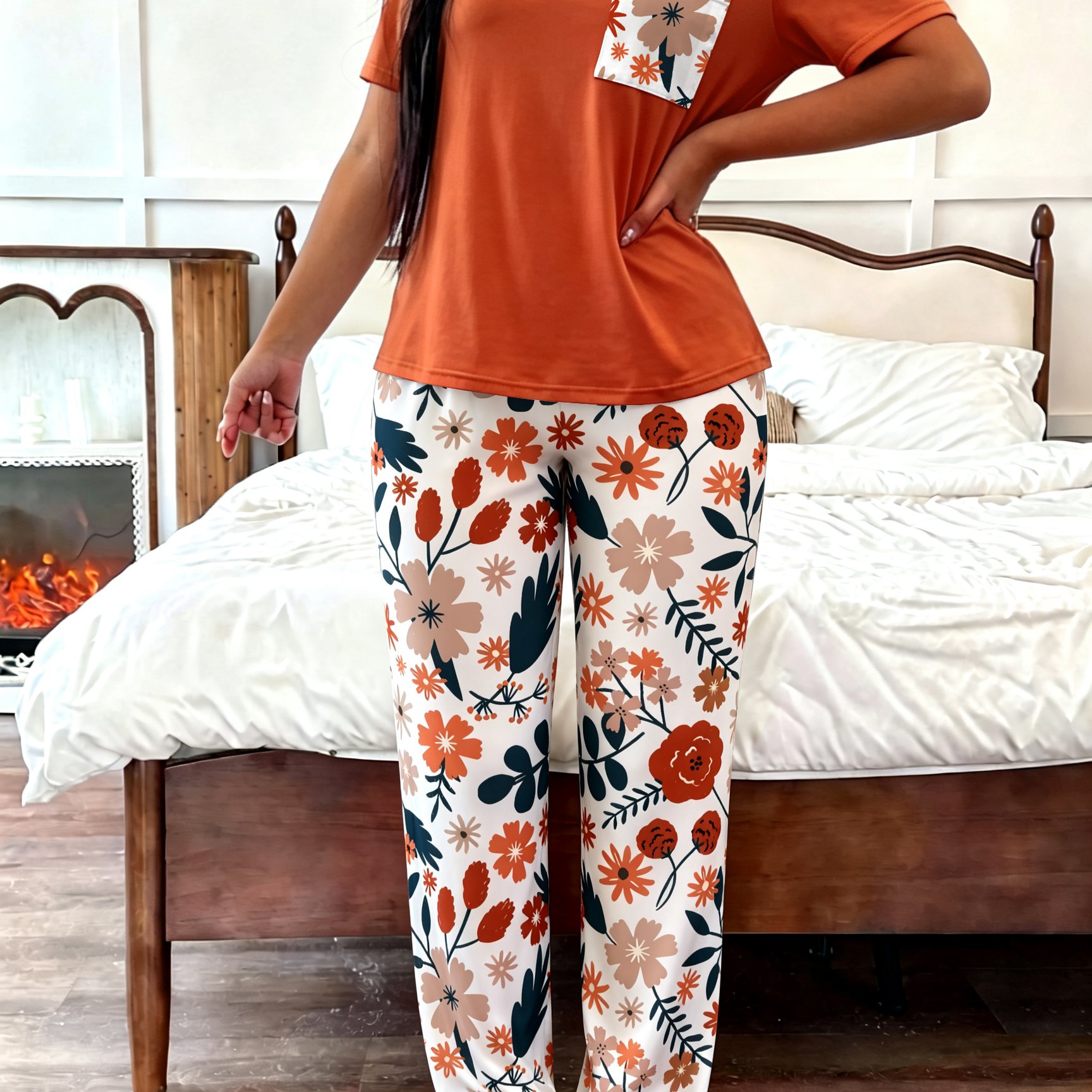TEMU Women's Casual Orange Floral Pocket Round Neck Short Sleeve Print Floral Long Pants Loungewear - Pajama Set