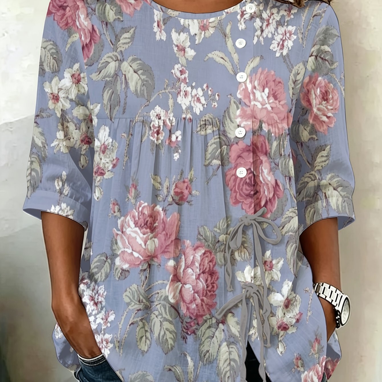TEMU Plus Size, Vintage Floral Pattern Womens Plus Size Button Tie Shirt Oversized Longline Essential Spring Summer Trend Retro Rose Print High