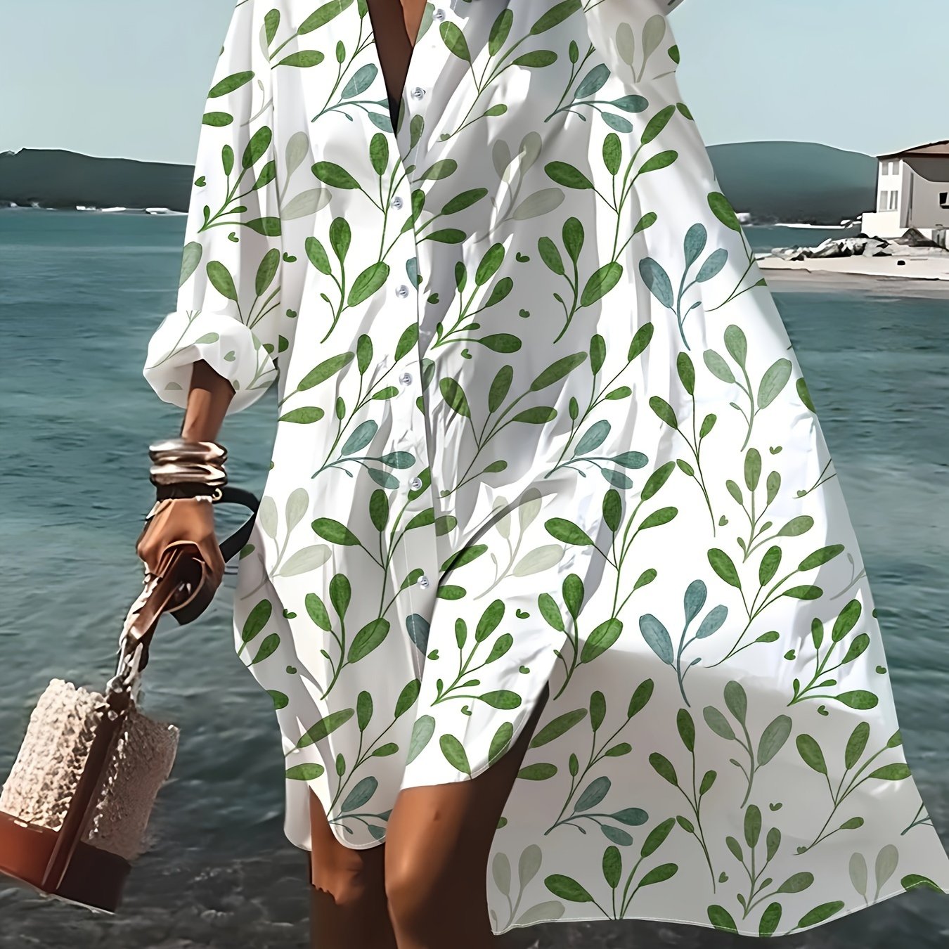 Qc Green Plant Branch And Leaf Print Long-sleeve Shirt