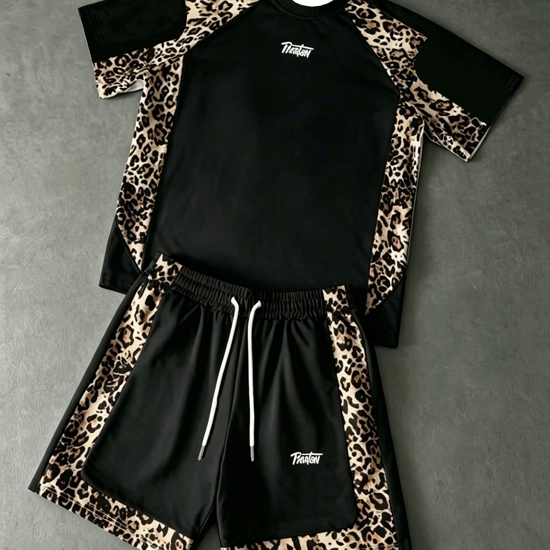 TEMU Printed Design Not Textured/embroidered/sequins Not Jean The Print 0 Summer New Leopard Sports Set Men's Short Sleeve And Shorts 2pcs Set Trendy