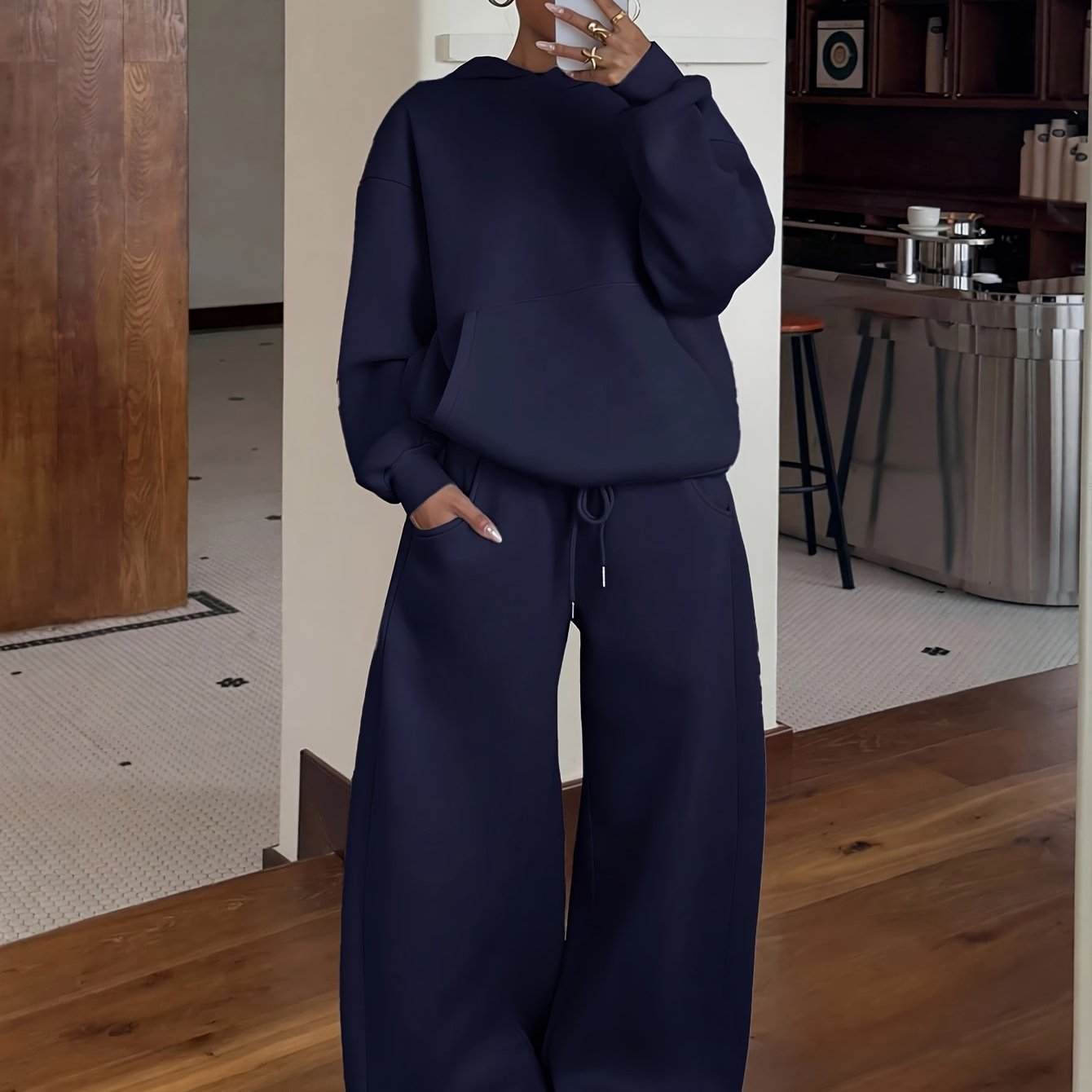 TEMU Women's Fall Winter Athletic Sweatshirt And Long Pants Set, Top Loose Hooded Design, Bottom Loose Athletic Pants With Elastic Drawstring