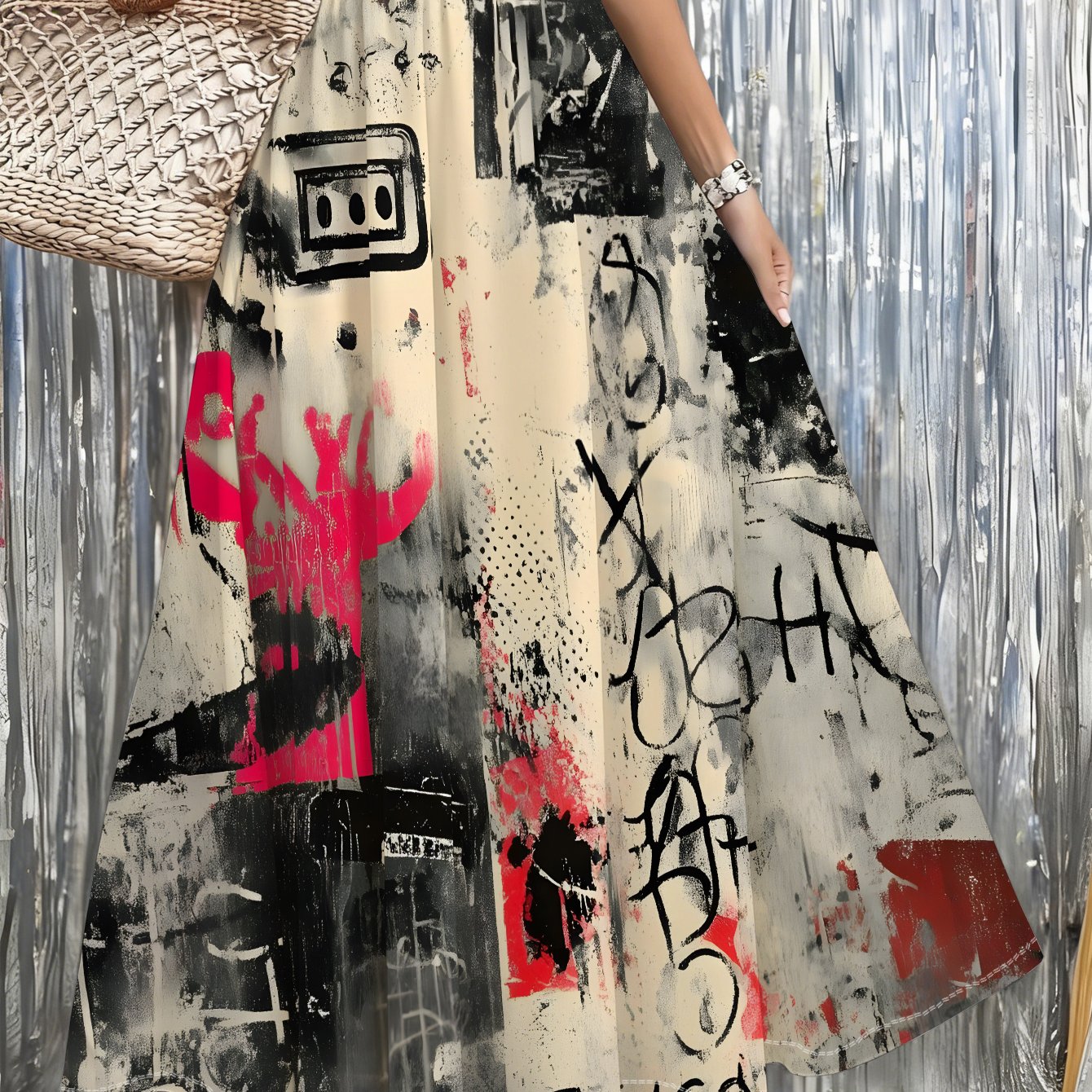TEMU 1pc Abstract Graffiti Printed Maxi Skirt, Ideal For Beach Trips, Travel, Casual , Festivals, Parties, Street Fashion, Bohemian Style, Trendy