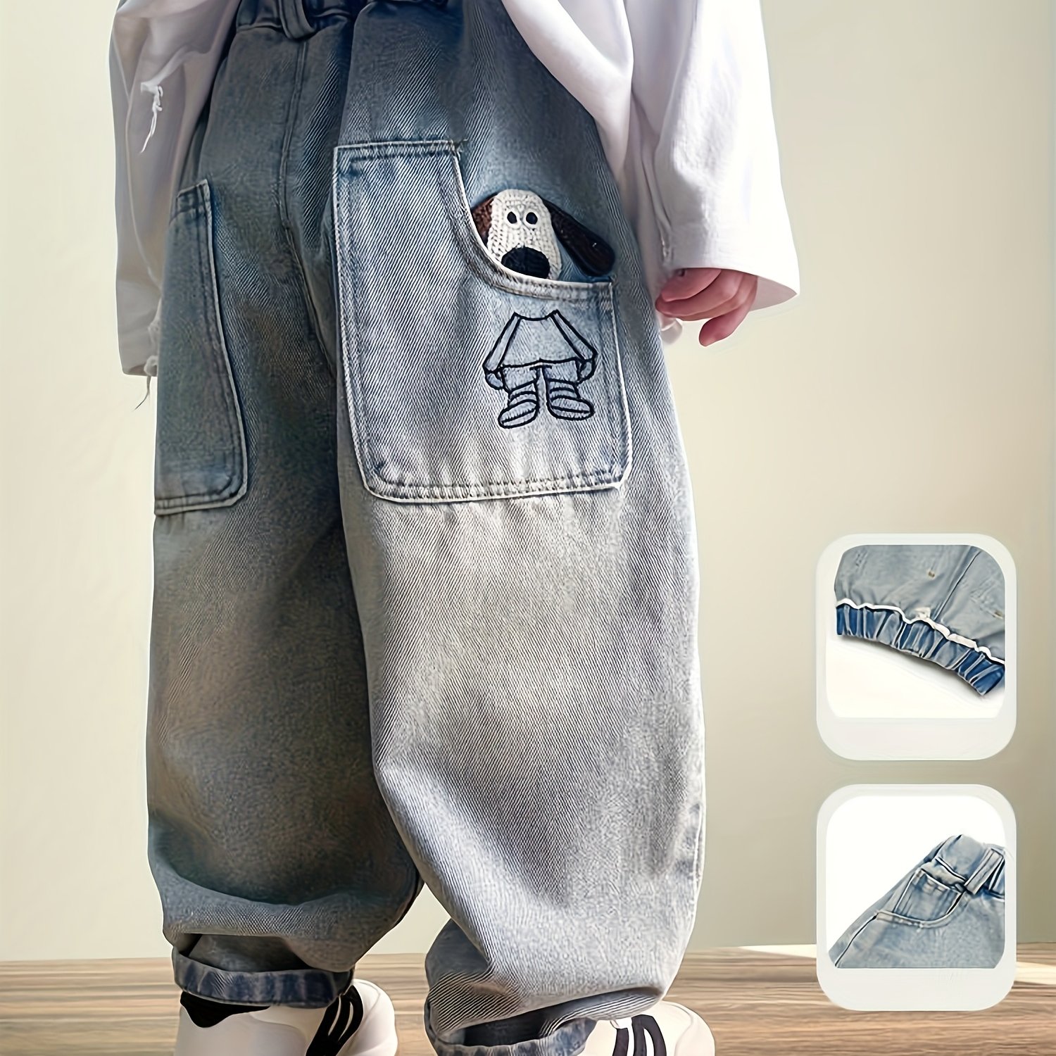 [ Of Pants]boys' Denim Trousers, Boys' Animal Embroidered Jeans, Little Boys' Jeans. Boys' Casual Pants For Going Out, Boys' Fashionable And Easy Pants, , Comfortable Elastic Waistband, Outdoor Sports
