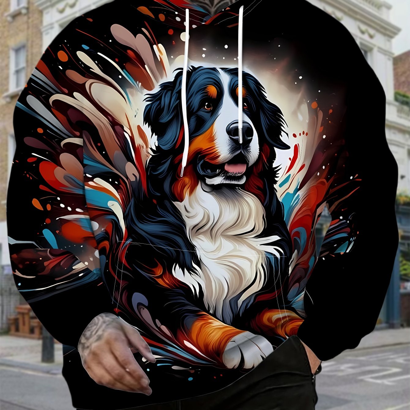 TEMU 's Casual Hooded Sweatshirt, Bernese Reclining In Ink Wash, And Fresh, Ideal For Holidays, Gatherings, And Commuting, Polyester Fabric, Machine