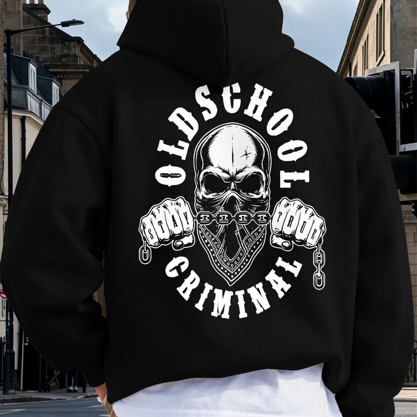 Image of Men's Winter Warm Hooded Sweatshirt With Fashion Print And Pockets, 'oldschool ' Lettering And Skeleton Graphic, 2026 New Year Christmas Gift Idea, Casual Streetwear Black Dark Fabric