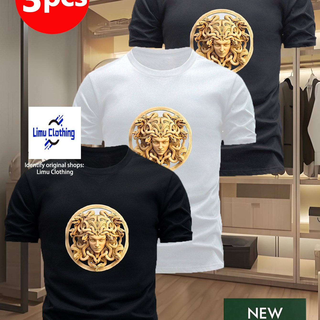 TEMU 3pcs Men's Short-sleeve T-shirts, Featuring Greek Mythology- With A Dimensional Medusa Print On The Front. The Intricate Details And Strong