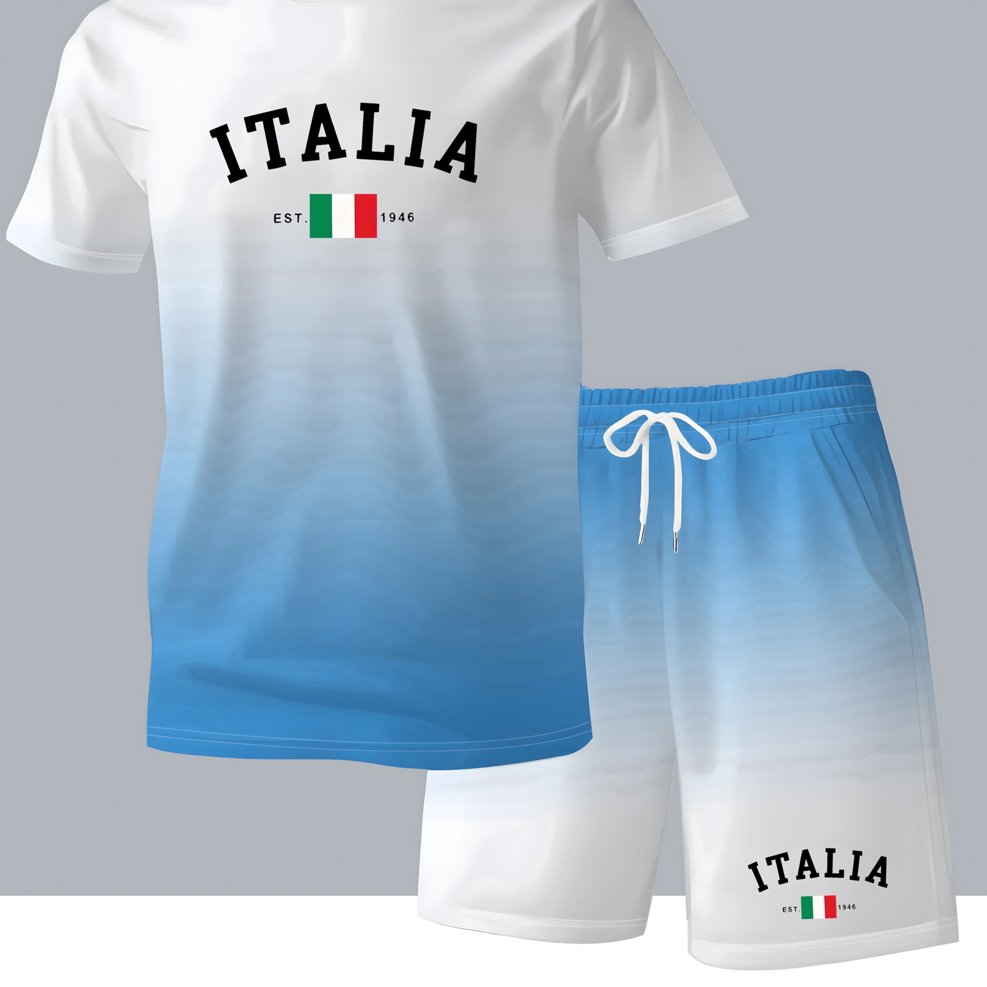TEMU Set 2 pezzi stile retr簷 sfumato con stampa ITALIA, maglietta a maniche corte e pantaloncini traspiranti