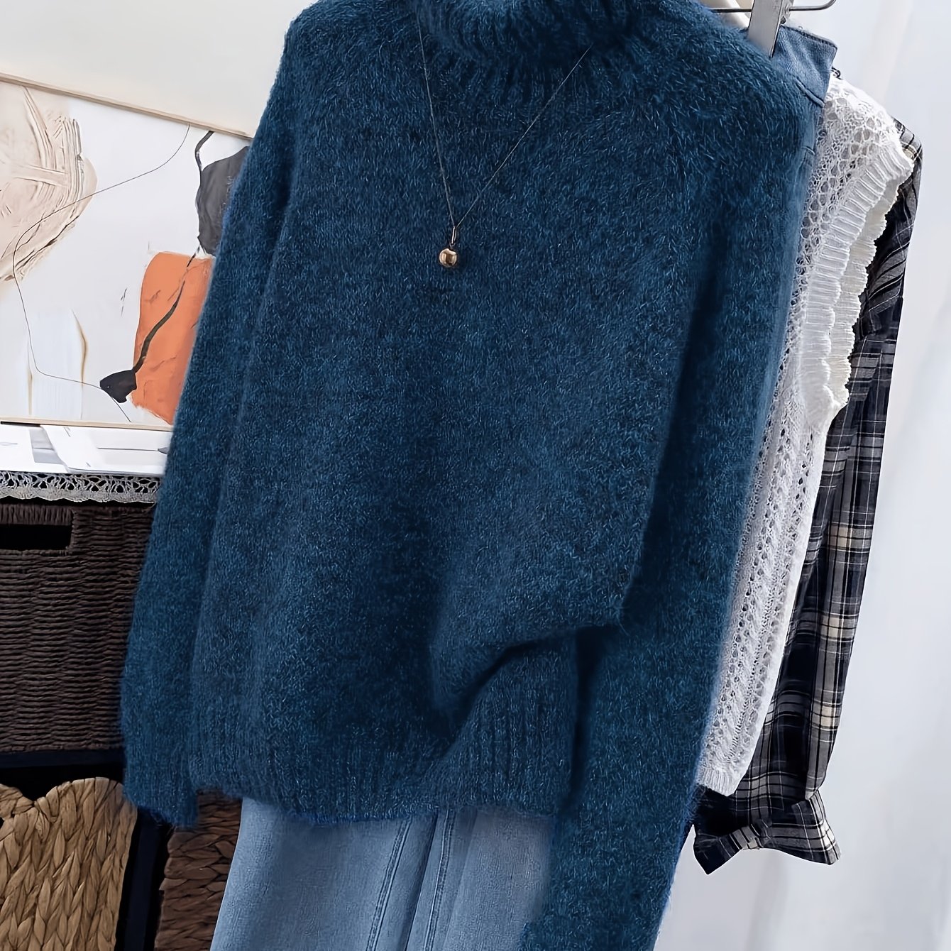TEMU Pull col roulé vintage uni pour femme, style décontracté élégant et sophistiqué pour automne/hiver