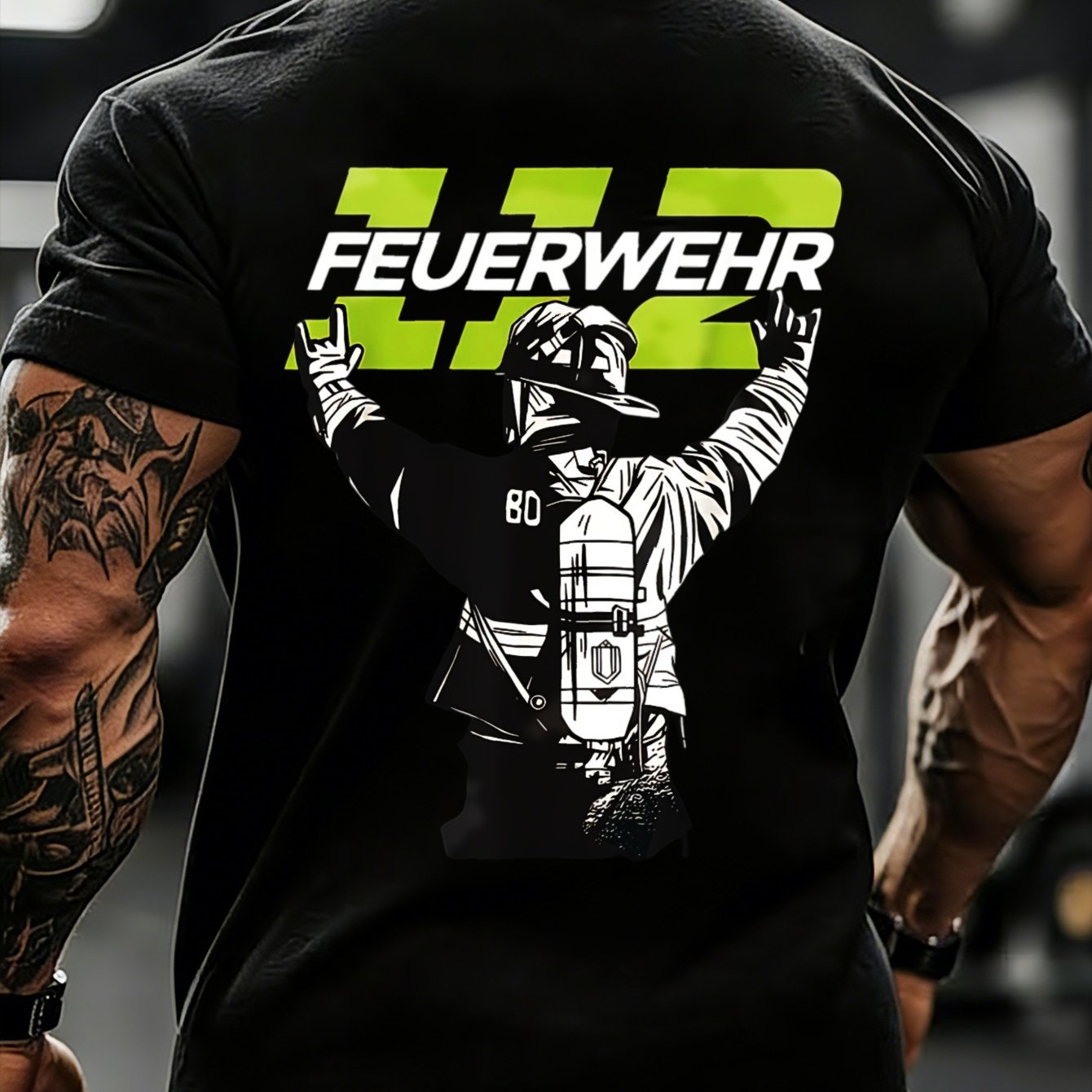 Black T Shirt With Firefighter Graphic And Feuerwehr Text For Gym And Casual Attire