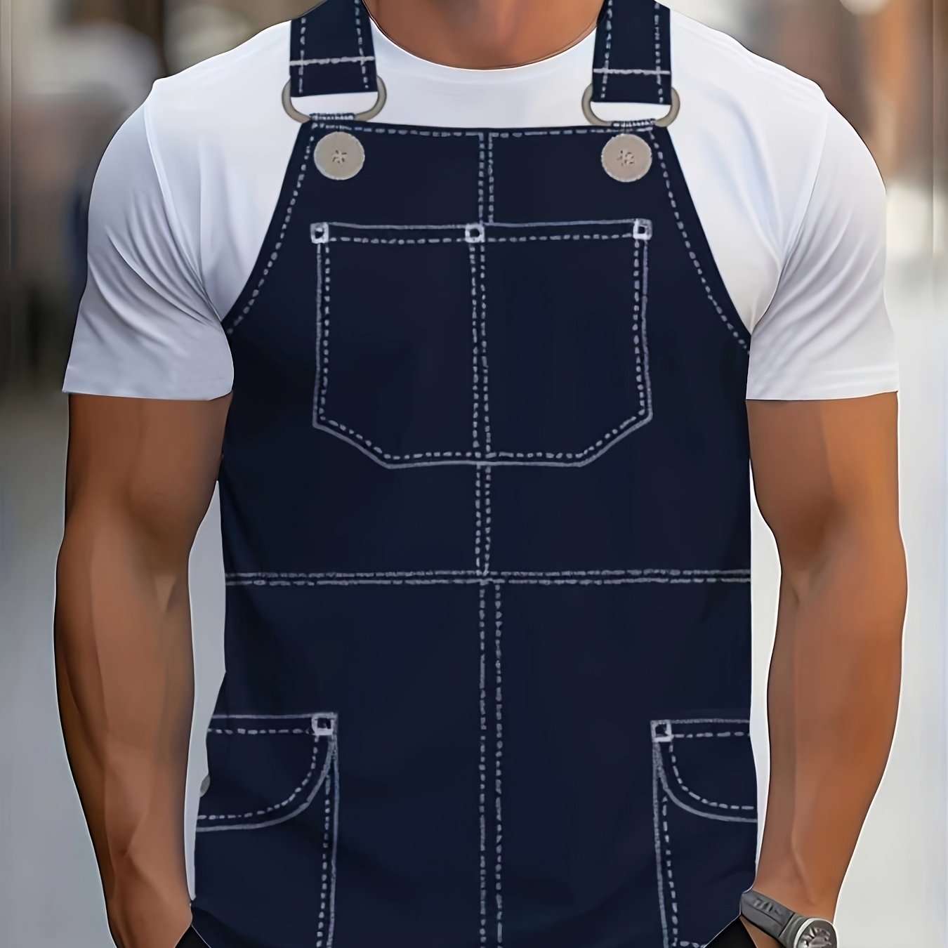 TEMU Print Design, No Texture, No, No Sequins, No Denim, No Additions, Semi-sheer Men's Full-body Print T-shirt, Minimalist Overalls Pattern, With
