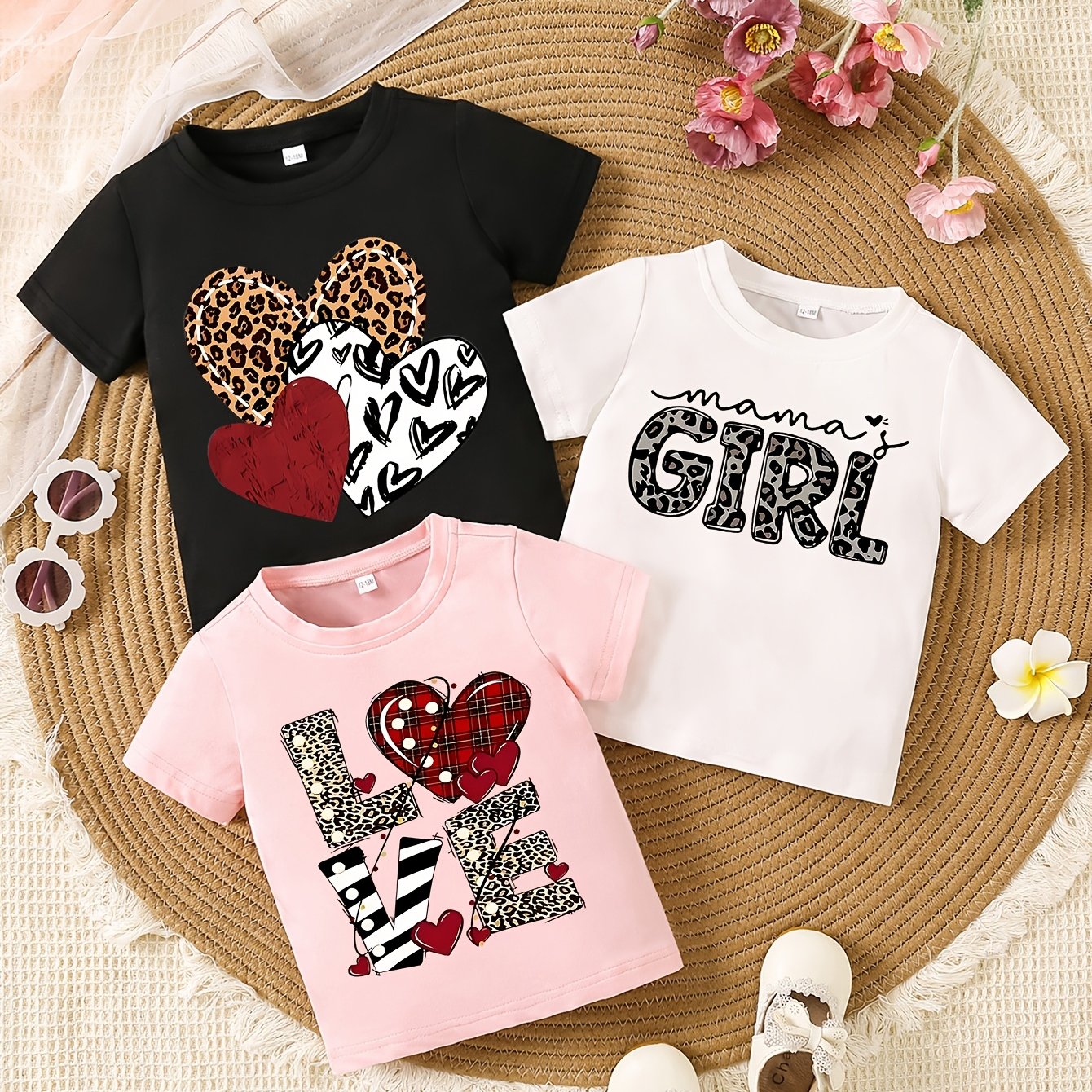Image of Three-piece Baby Girl Summer Short-sleeved "'s Girl And Heart- Letters Love" Print T-shirt