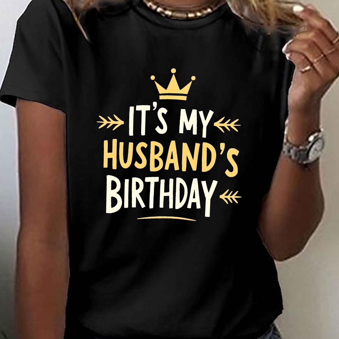 TEMU A Casual Short-sleeve Crew Neck T-shirt For Women, Perfect For Summer And Spring, Celebrating My Husband's Birthday
