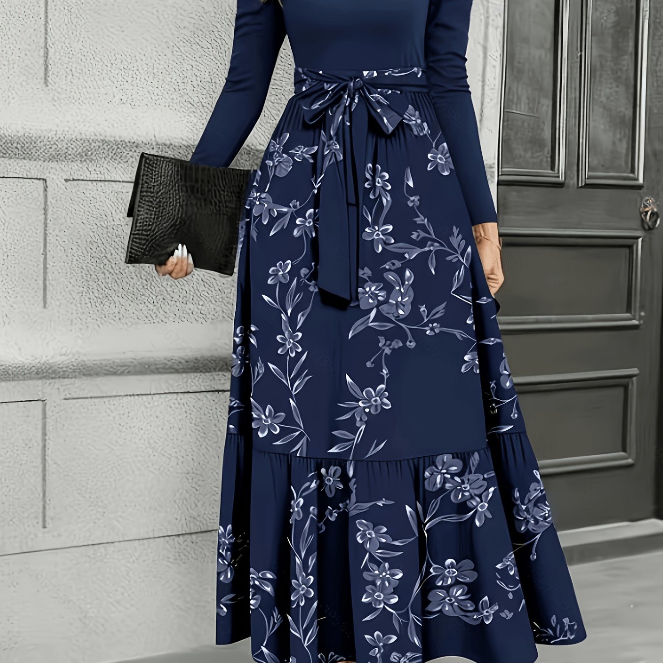 TEMU Robe à fleurs pour femmes avec manches bouffantes et ceinture à nœud, robe décontractée trapèze