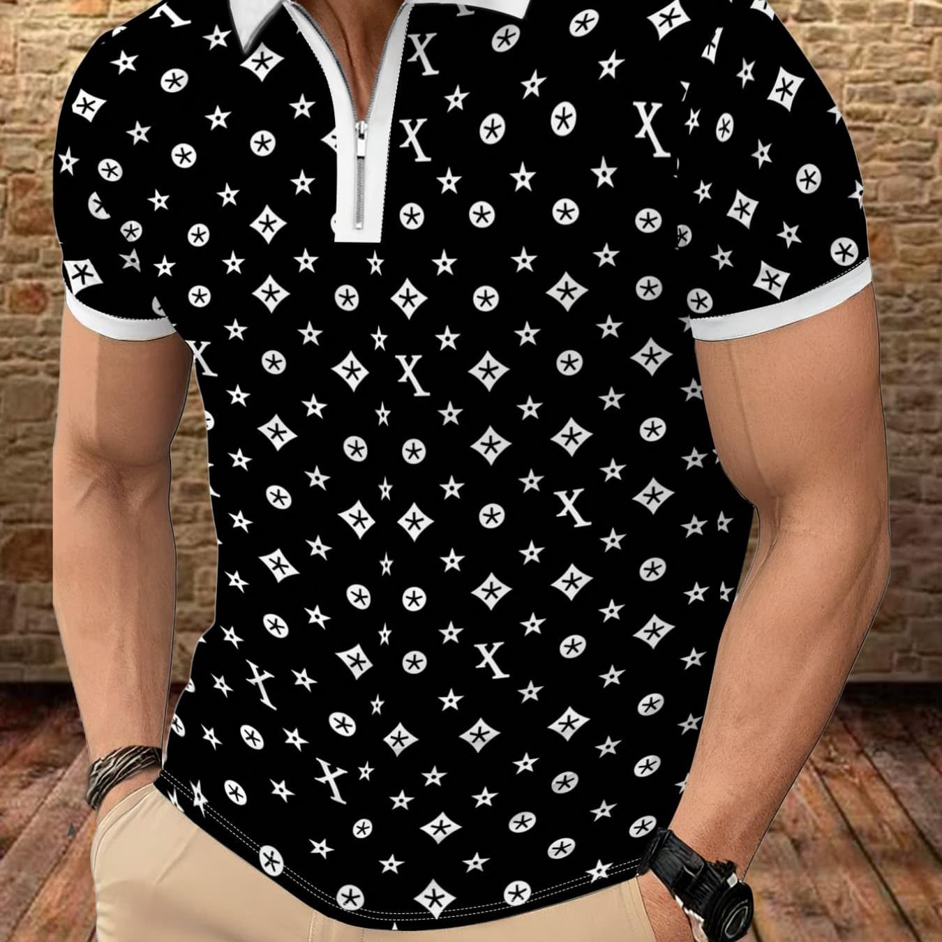 TEMU Men's Fashion Zipper Short Sleeve Shirt Trendy Letter Print Geometric Pattern Top Casual Versatile Slim Fit Collar T-shirt