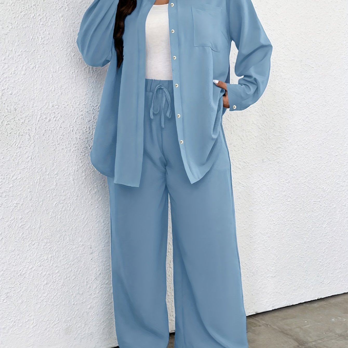 TEMU Plus Size - Plus Size - Plus Size Women's Clothing Women's Set Top And Pants Loose Casual Autumn, Back Mid-long