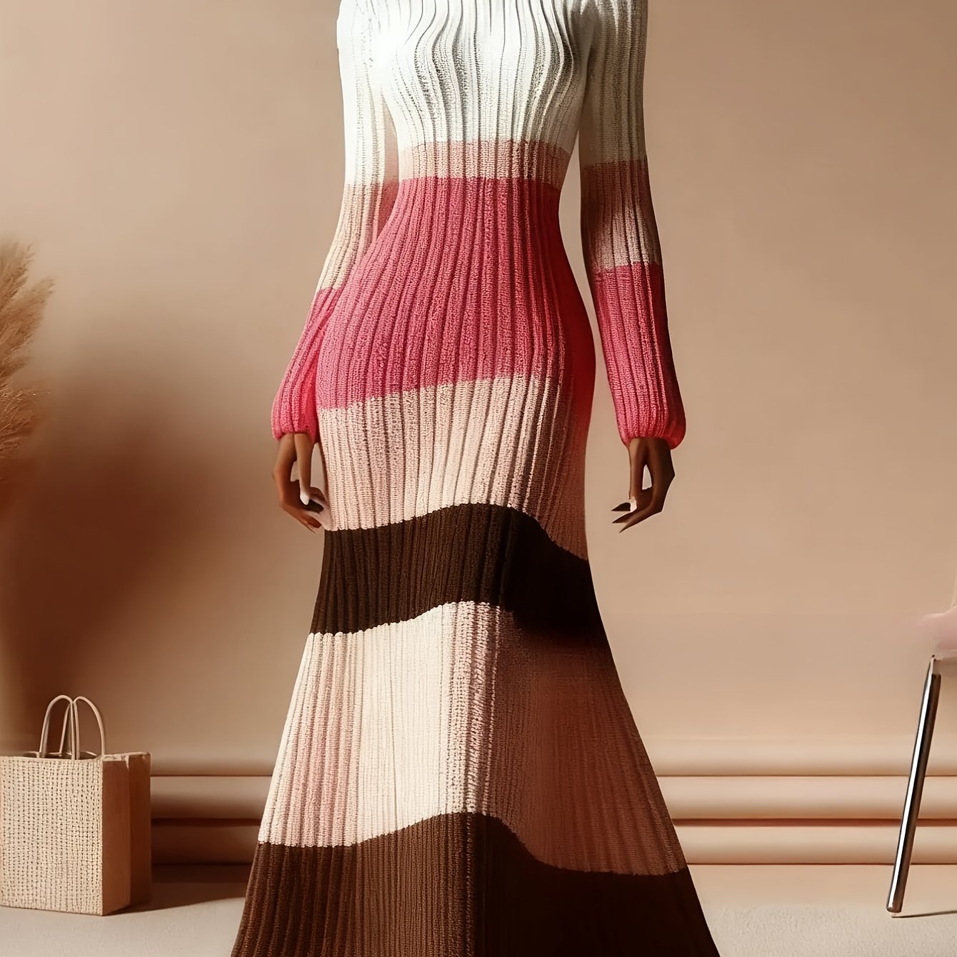 TEMU Women's Color-block Dress | High Neck Turtleneck Long Sleeve With Ribbed Texture, Striped Pattern In Brown Pink White Black, Flared Skirt &