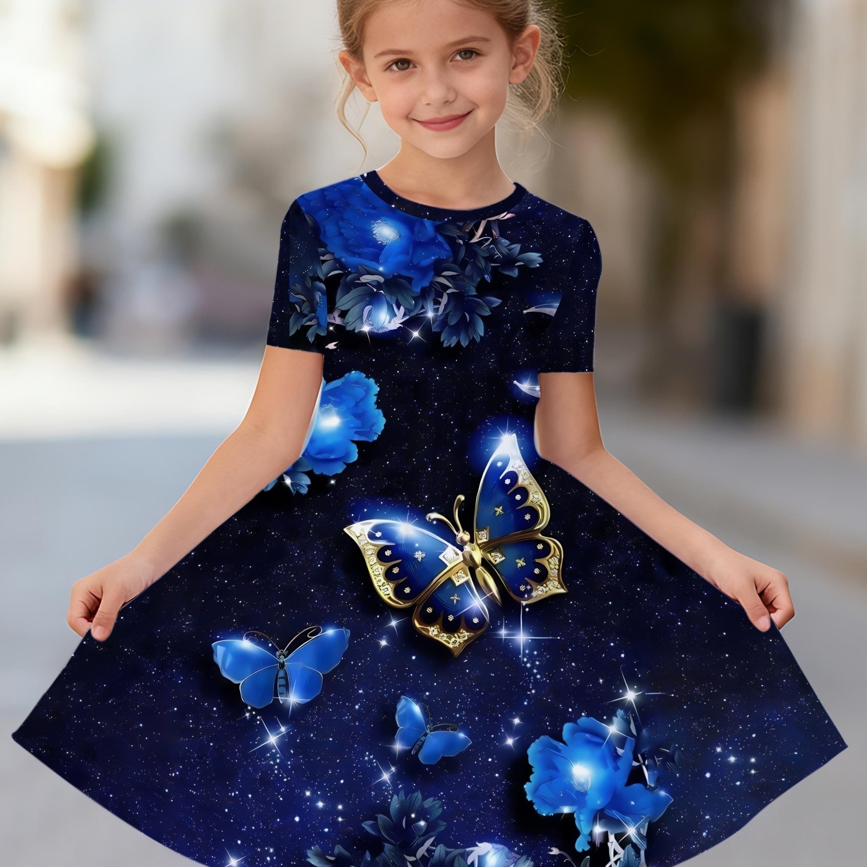 TEMU Girls' 3d Blue Print Short-sleeve Dress With A Large Hem, Looks And Elegant, -dimensional Print Is Very , Suitable For Camping, Festivals, And