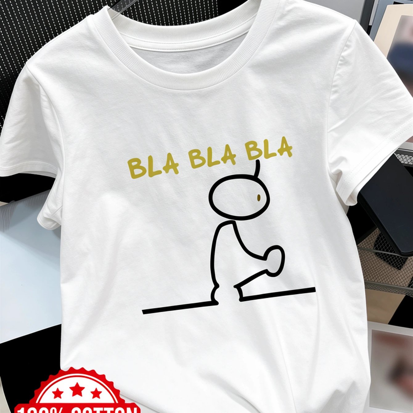 Image of 100% Women's T-shirt, New Summer , Featuring Bla Print And Easy Sketch Graphic, Round Neck Short Sleeve, Fashionable And Casual Top, Breathable And Soft For Vacation, Women's Clothing