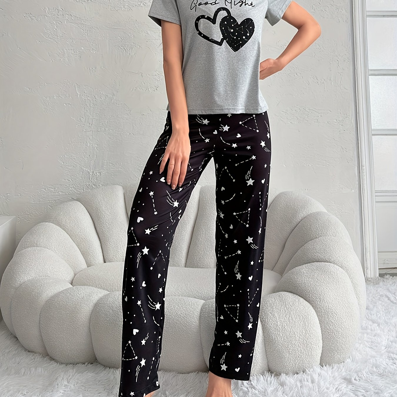 TEMU Women' & Heart Pajama Set, Short Sleeve Round Neck Top & Pants, Comfortable Relaxed Fit