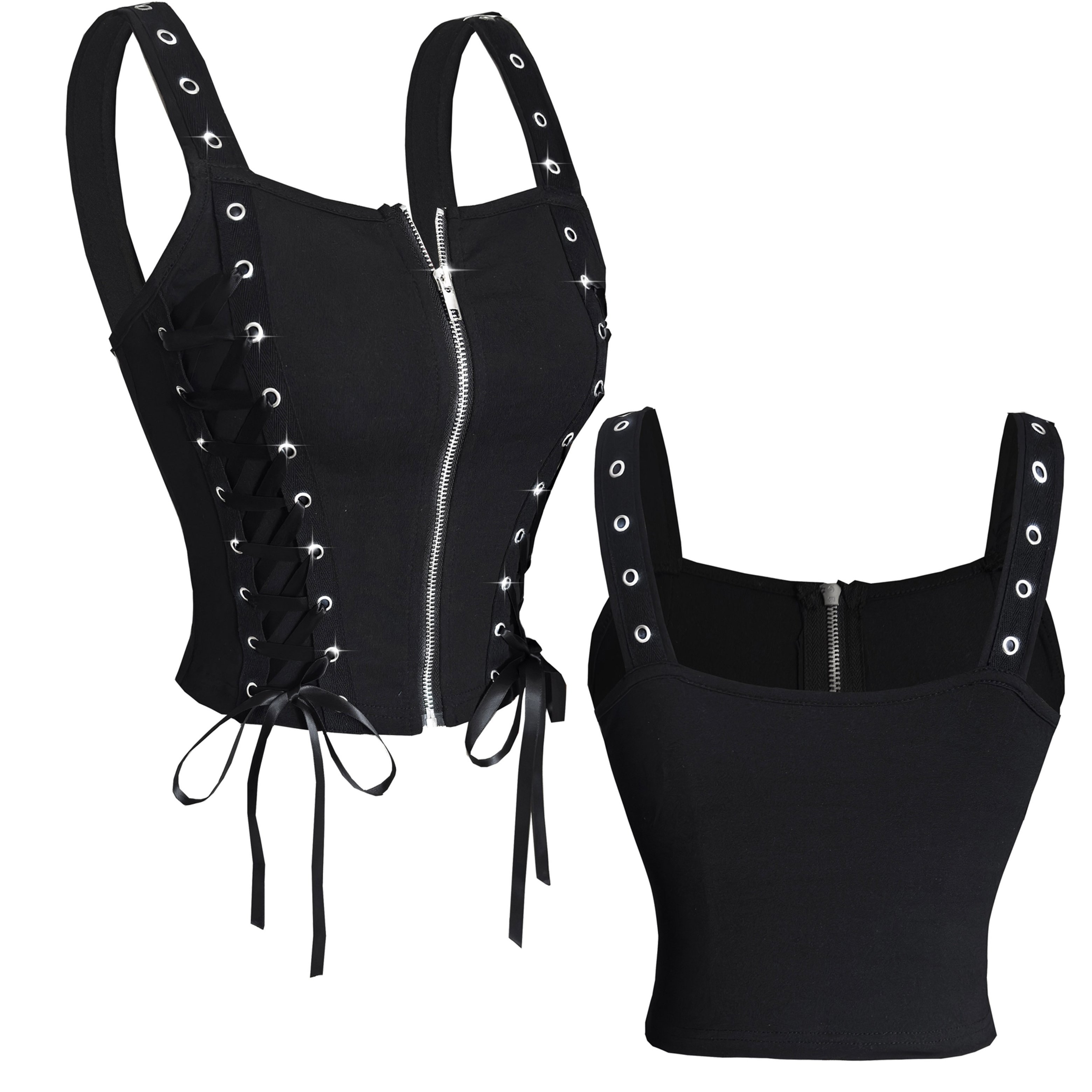TEMU Y2k Zipper Open Tight Sleeveless Top, Metallic Eyelet Tie-string Corset Vest Top, Gothic Style, Music Festival Outfit, Casual Fashion