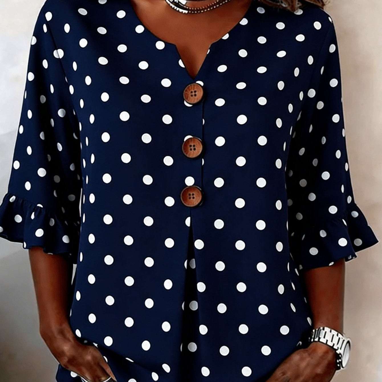 Image of Plus Size - Plus Size - Plus Size Women's V-neck Button Style Autumn Fabric Navy Blue Polka Dot Printed Casual Top, Suitable For Daily Wear, Is The Gift For Mothers And Sisters