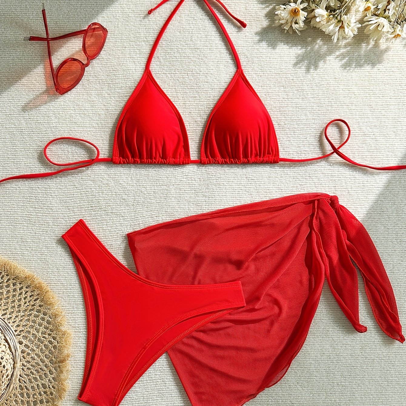 E-shop Damenmode Einfarbiges Bikini Badeanzug Dreiteiliges Set