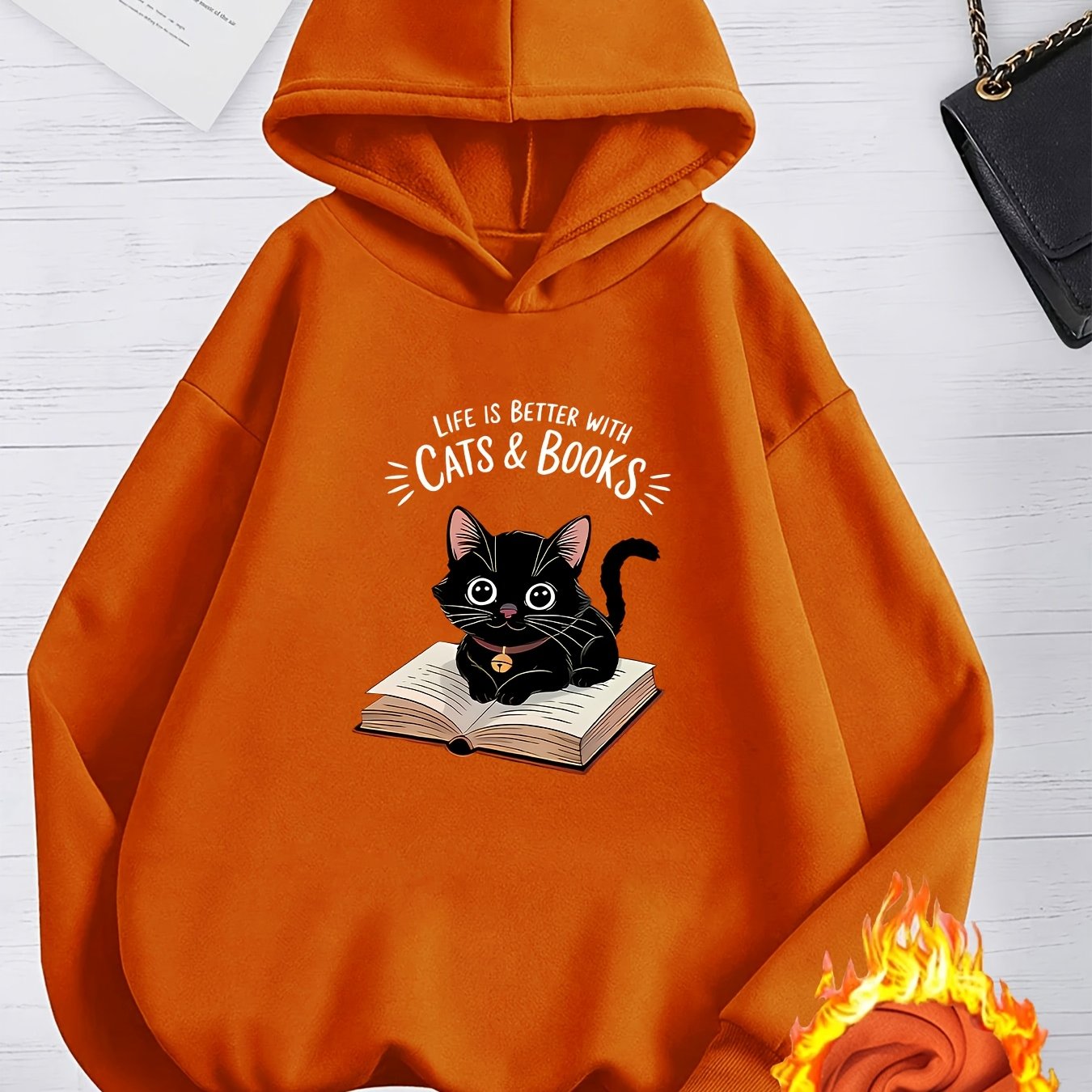 TEMU Plus Size 1pc Fashionable Women's Elegant And Beautiful Y2k Style Black Cat, Book & Cats & Books Pattern Print Plus Size -lined Hooded