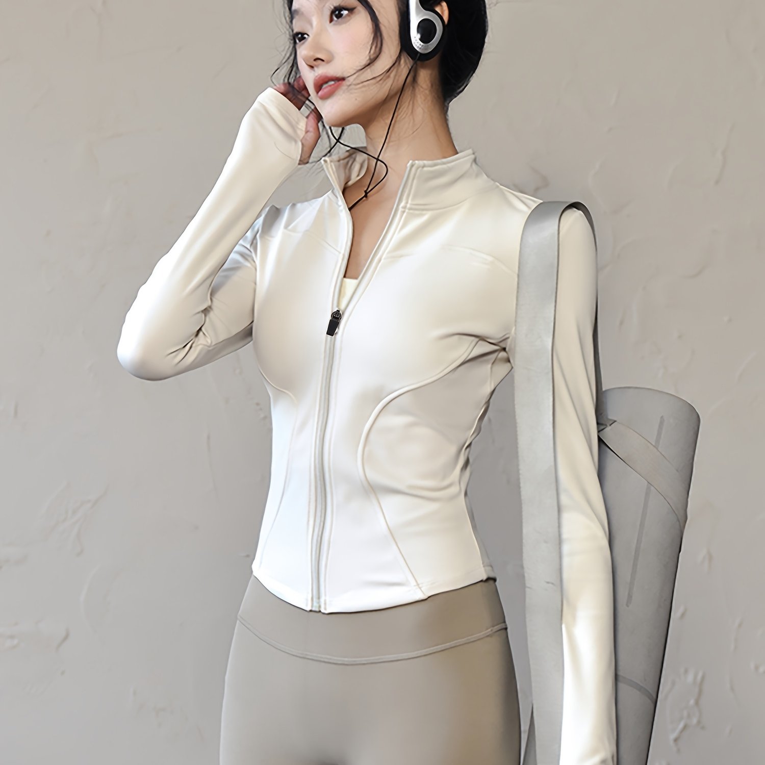 TEMU Autumn And Yoga Windproof Jacket, Windproof And Warm, Full Zipper Opening And Closing, Double Curve, High Elastic Fashion, Finger Cover Design,