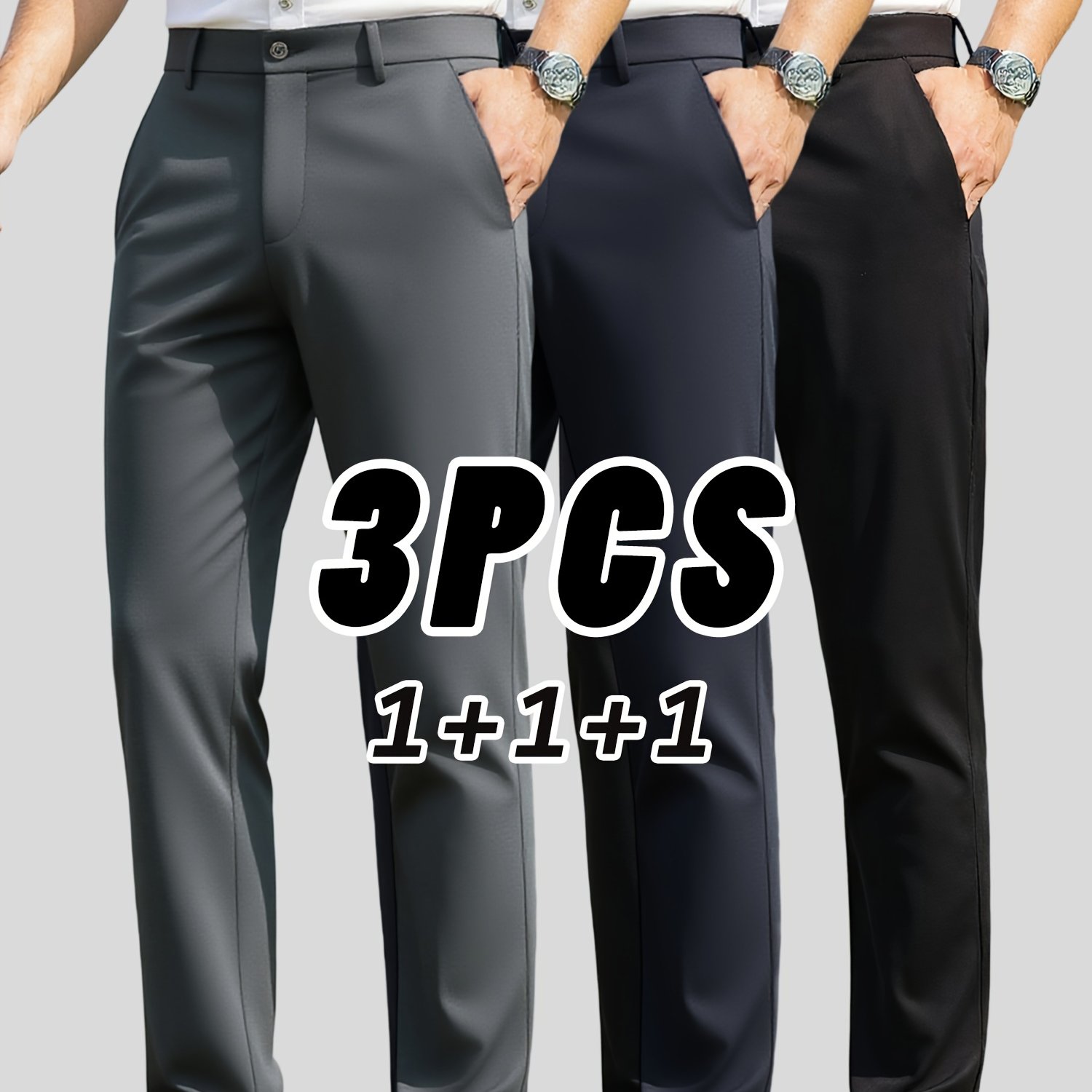 TEMU 3pcs Set Of Men's High- Wrinkle-resistant Straight-leg Dress Pants, High-waisted Business Casual Long Pants, Button And Zipper Design, Machine