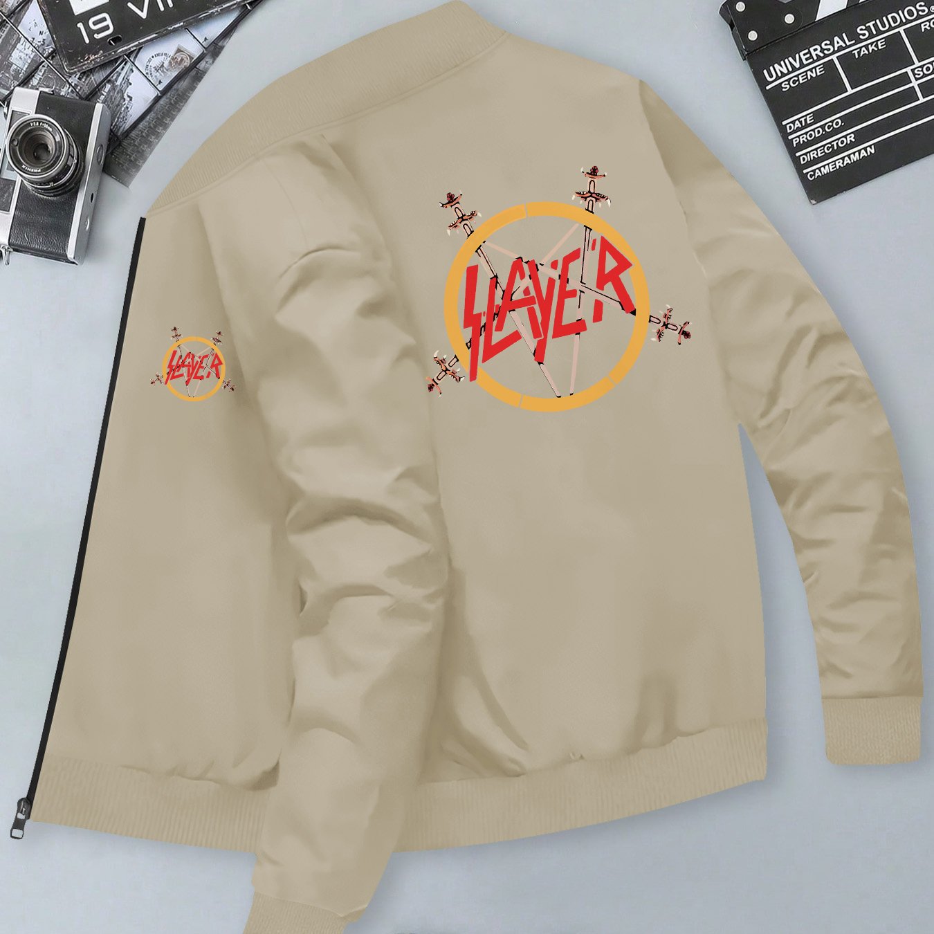 TEMU Slayer Men's Slim-fit Zip-up Jacket With Print - Lightweight Polyester, Ribbed Cuffs & Hem, Machine Washable, Casual Streetwear For Fall/winter, Fabric