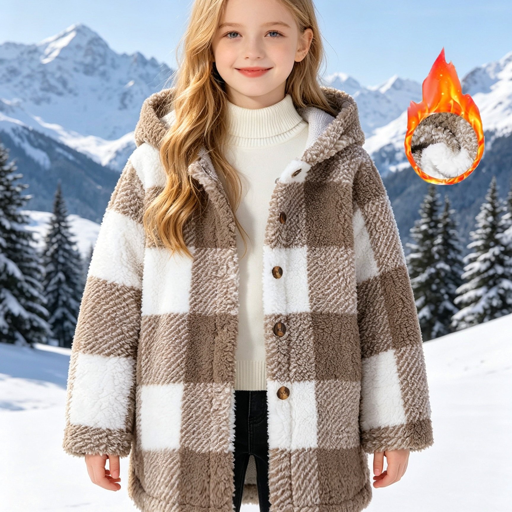 Girls' 120-160 Size Suitable For Autumn/winter - Casual Daily Warm Loose Plaid Hooded Mid-length Plush Coat