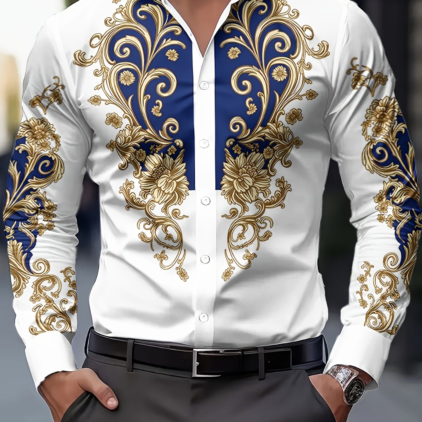 TEMU Men's Fashion Print Shirt, Retro Ethnic Trendy Men's Casual Button-up Long Sleeve Shirt, Spring Summer Fall Men's Clothing, Suitable For , Lapel