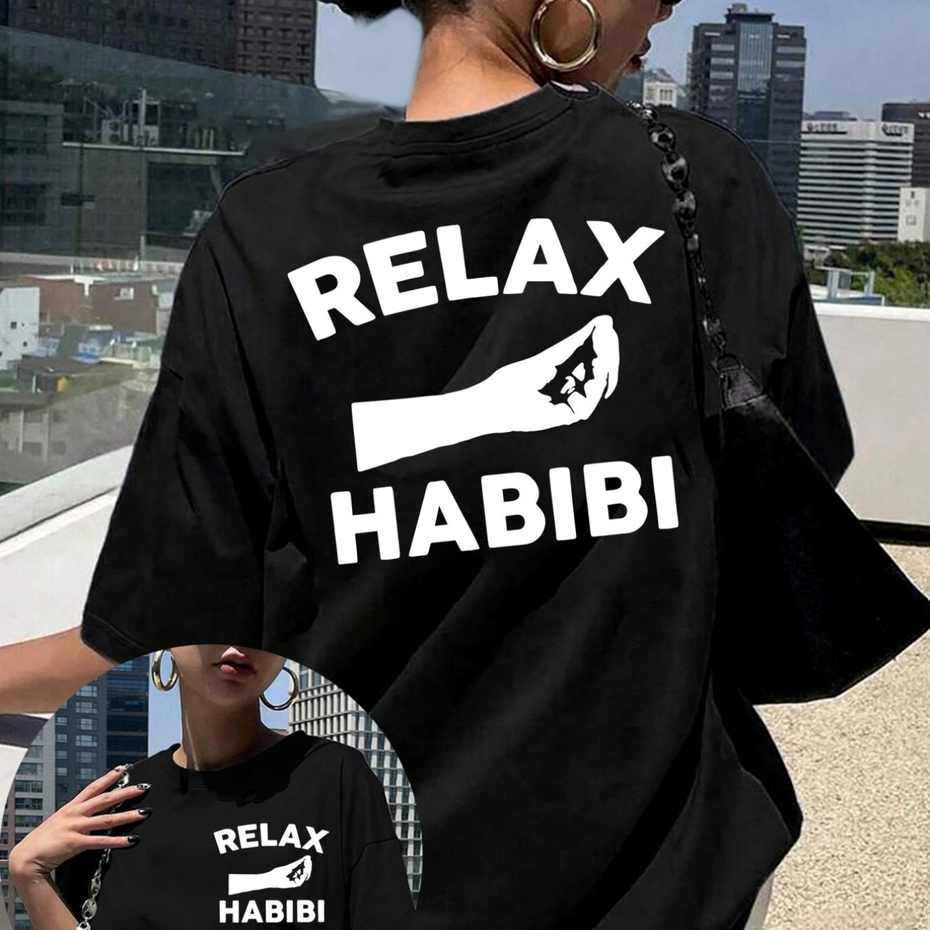 TEMU Women's Letter Print Tshirt Relax , Relax Black Shortsleeved Round Neck Casual Top, Medium Elastic Breathable Fabric, Machine Washable And