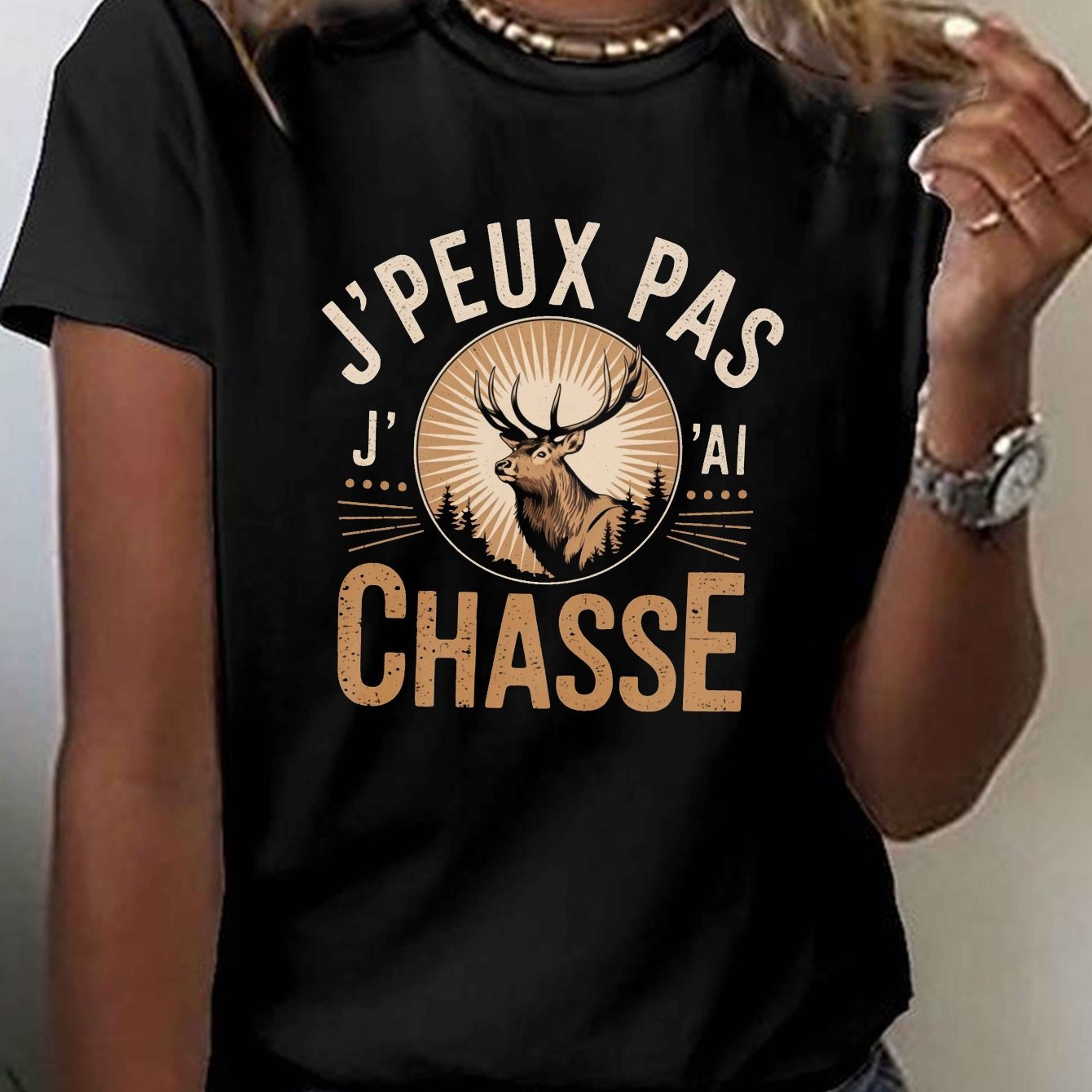 TEMU T-shirt imprimé Stag I CAN T I HUNTED, manches courtes, col rond, haut décontracté pour l'été et , vêtements pour femmes