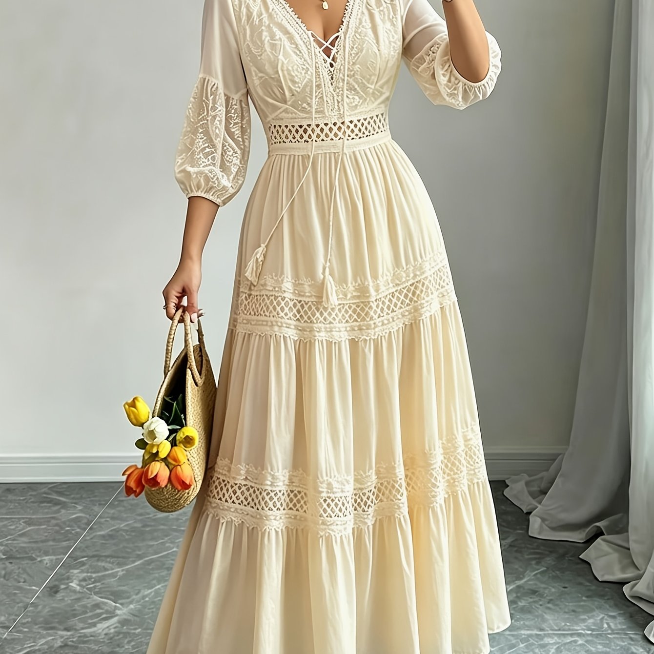 TEMU Women's V-neck Three-quarter Sleeve Lace Cut-out Dress