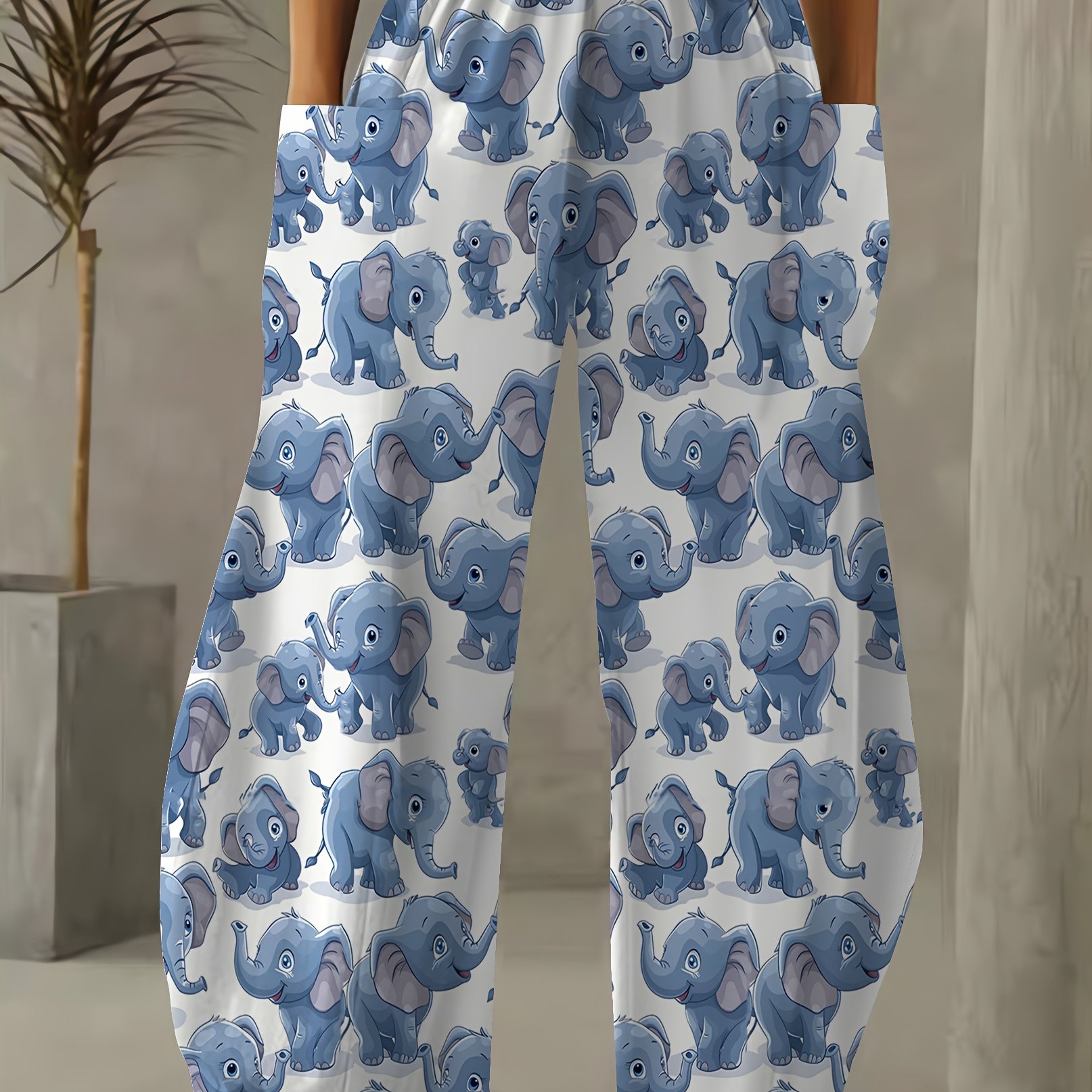 TEMU Plus Size - Plus Size - Women's Small Elephant Print Long Pants, Elastic Waist, Stretch, Casual Trousers With Pockets, Adult Size, Fabric, Style