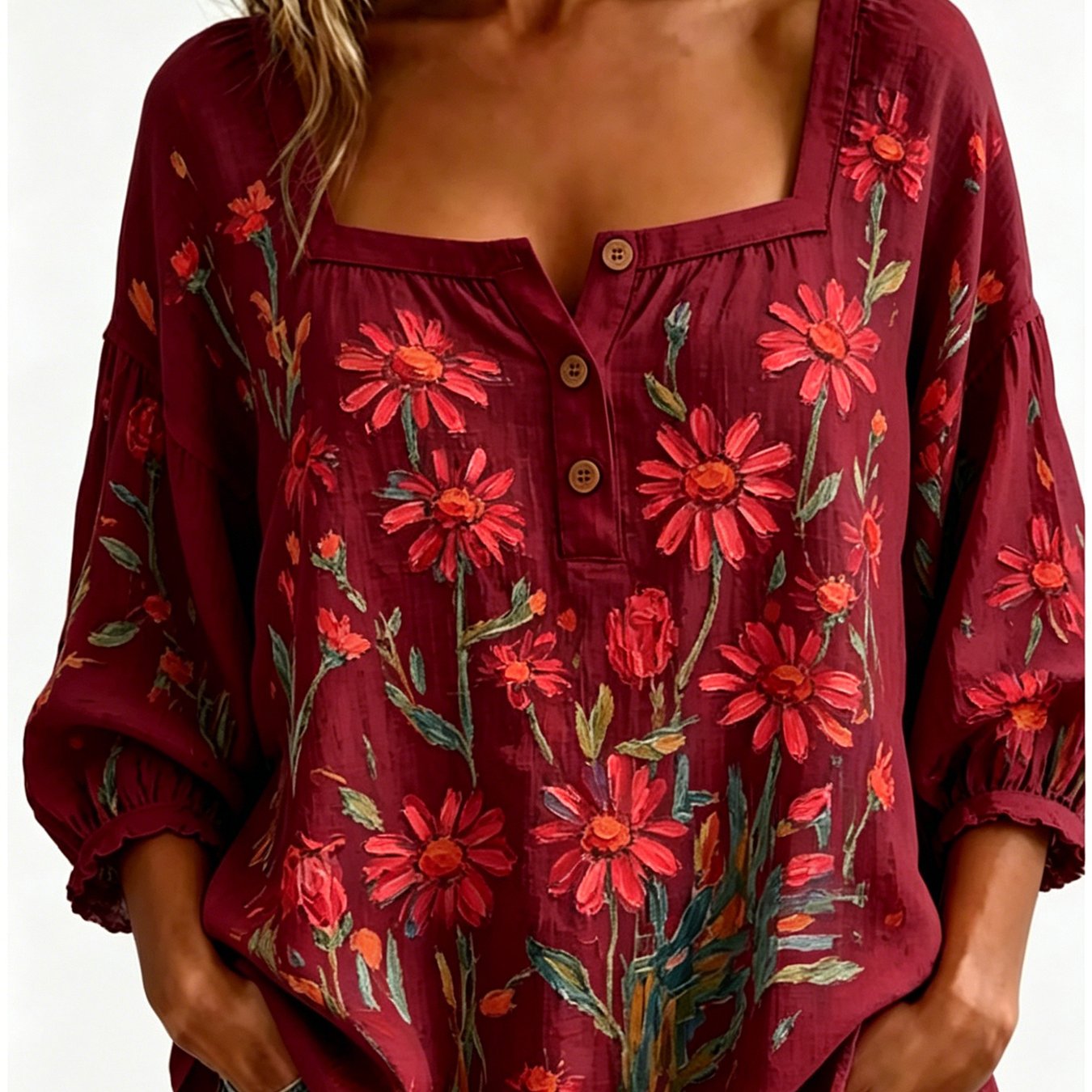 Plus Size, 2d Flat Printing Plus Size Women's Red Floral Printed Square Collar Three-button Shirt, 2d Flat