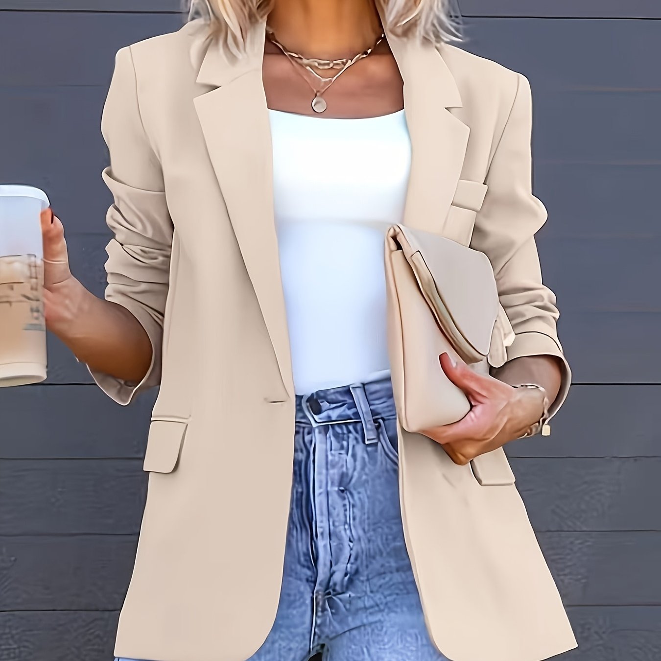 E-shop Eleganter Damen Blazer, Trendiger, stylischer, vielseitiger, einfarbiger Damen Blazer mit Revers, professioneller Alltagsanzug, Topcoat