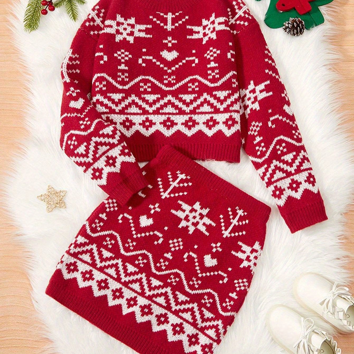 2pcs Tween Girl Christmas Pattern Sweater And Knit Skirt For Christmas
