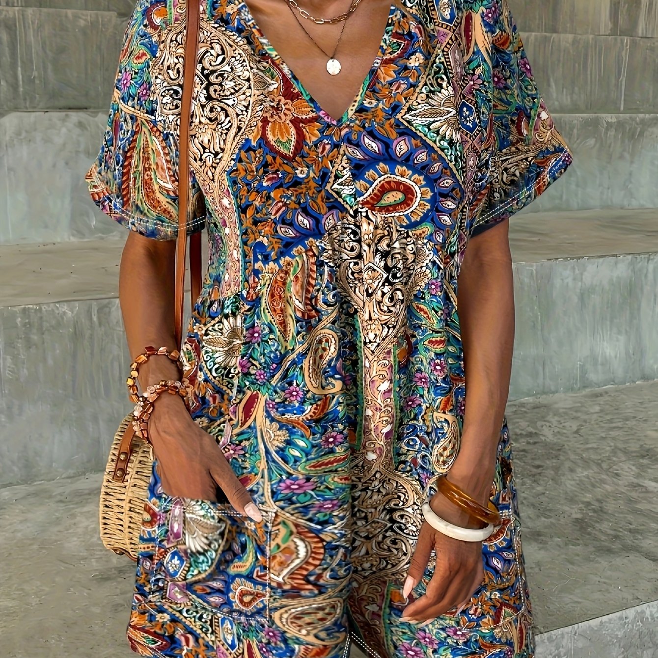 Women's Vintage Floral Print Jumpsuit - V-neck, Short Sleeve, Casual Beach & Island Outfit With Pockets, Lightweight For Spring/summer/fall, Beach Jumpsuit, Summer Fashion, Jumpsuit