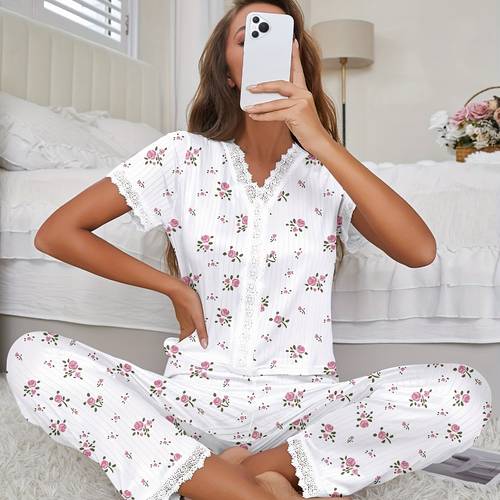 autumn and winter pajamas womens v neck lace flower print t shirt trousers suit