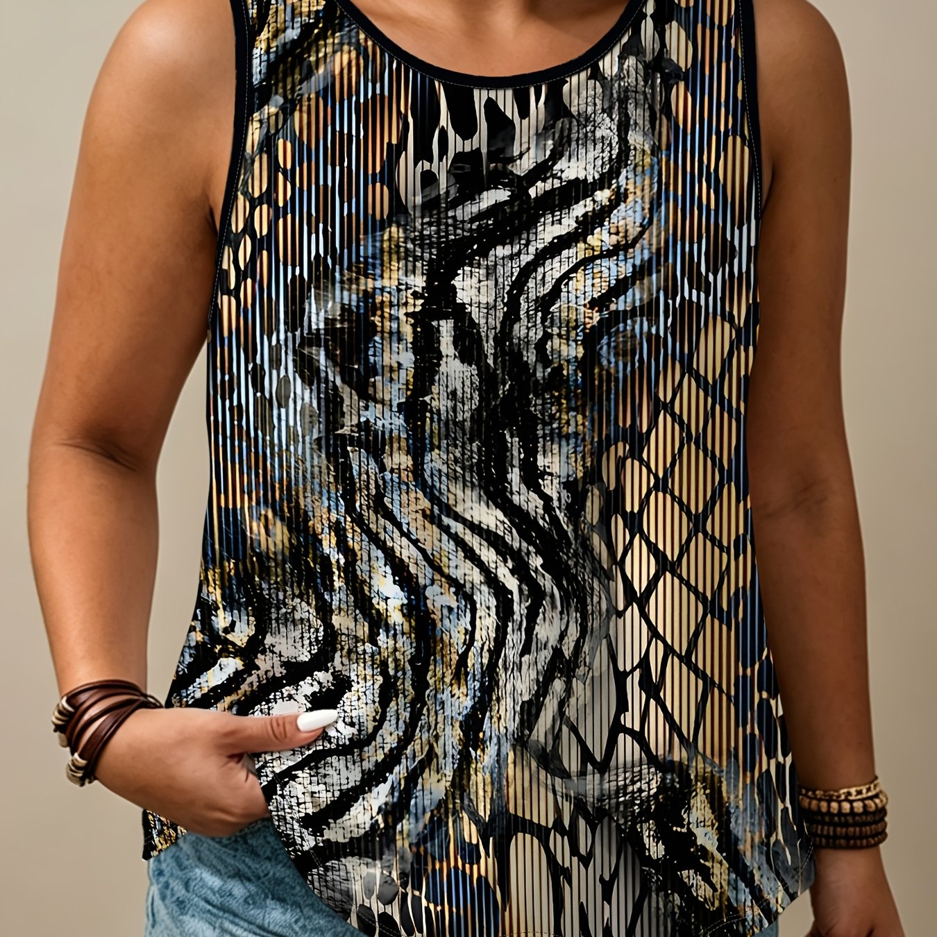 TEMU Abstract Texture Print Sleeveless Tank Top, Plus Size Women's Loose , Summer/autumn Fashionable Casual Versatile Base Layer Shirt