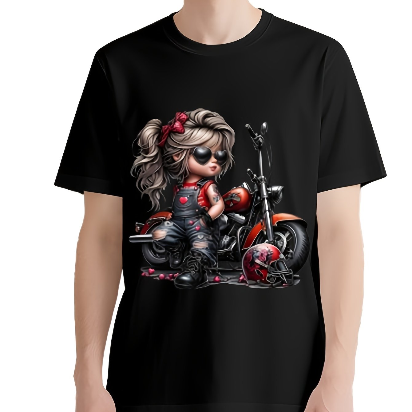 Image of Men' S Motorcycle Pattern T- Shirt - Elegant Black Casual Tee With Red And , Comfortable, Perfect For Casual Outfit, Everyday T- Shirt Funny Print Top Stretch Fabric