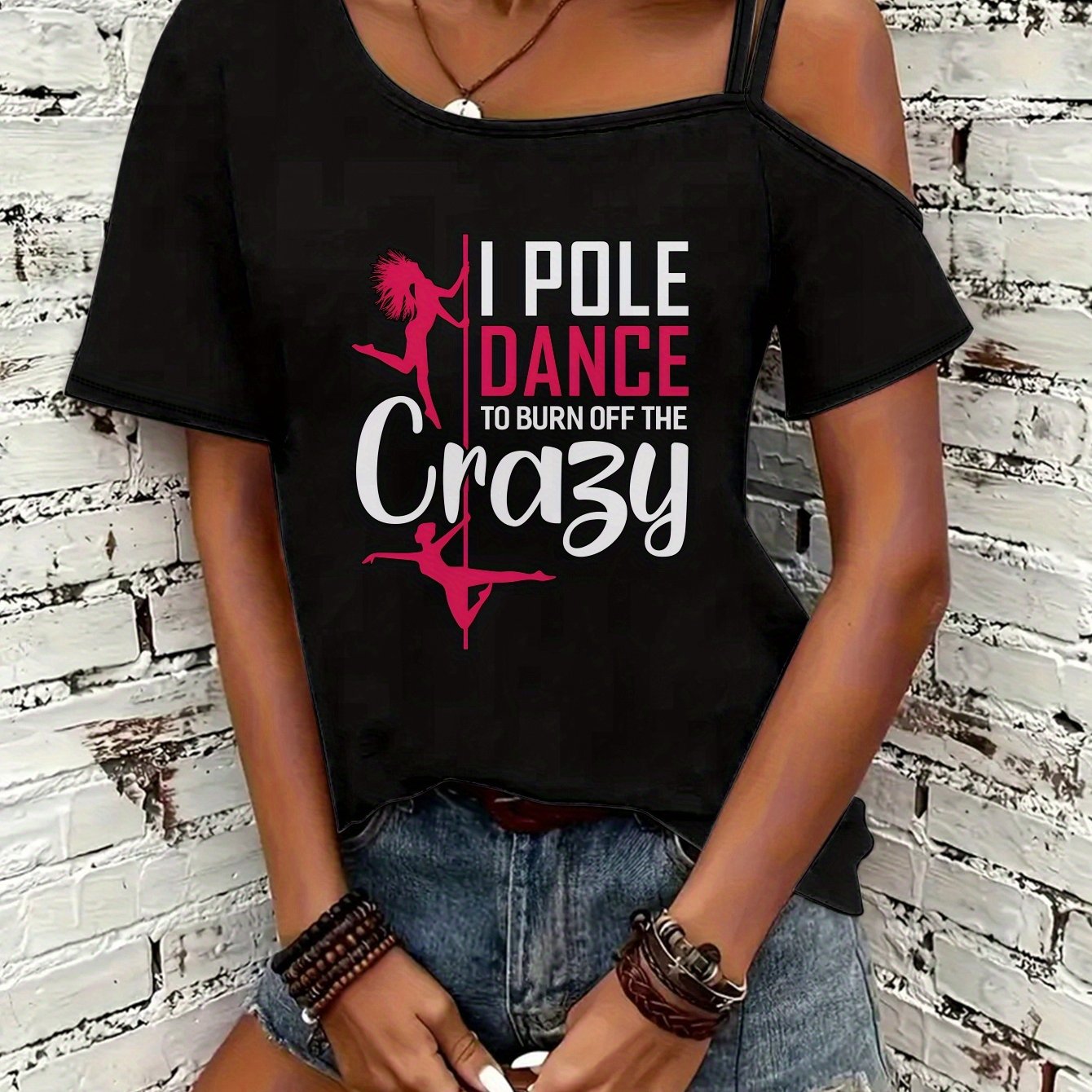 TEMU Women's Pole Dance T-shirt - "i Pole Dance To Burn Off The Crazy" Pink Top With Pole Dancing Graphic - Lightweight Shirt For, Pole Classes,