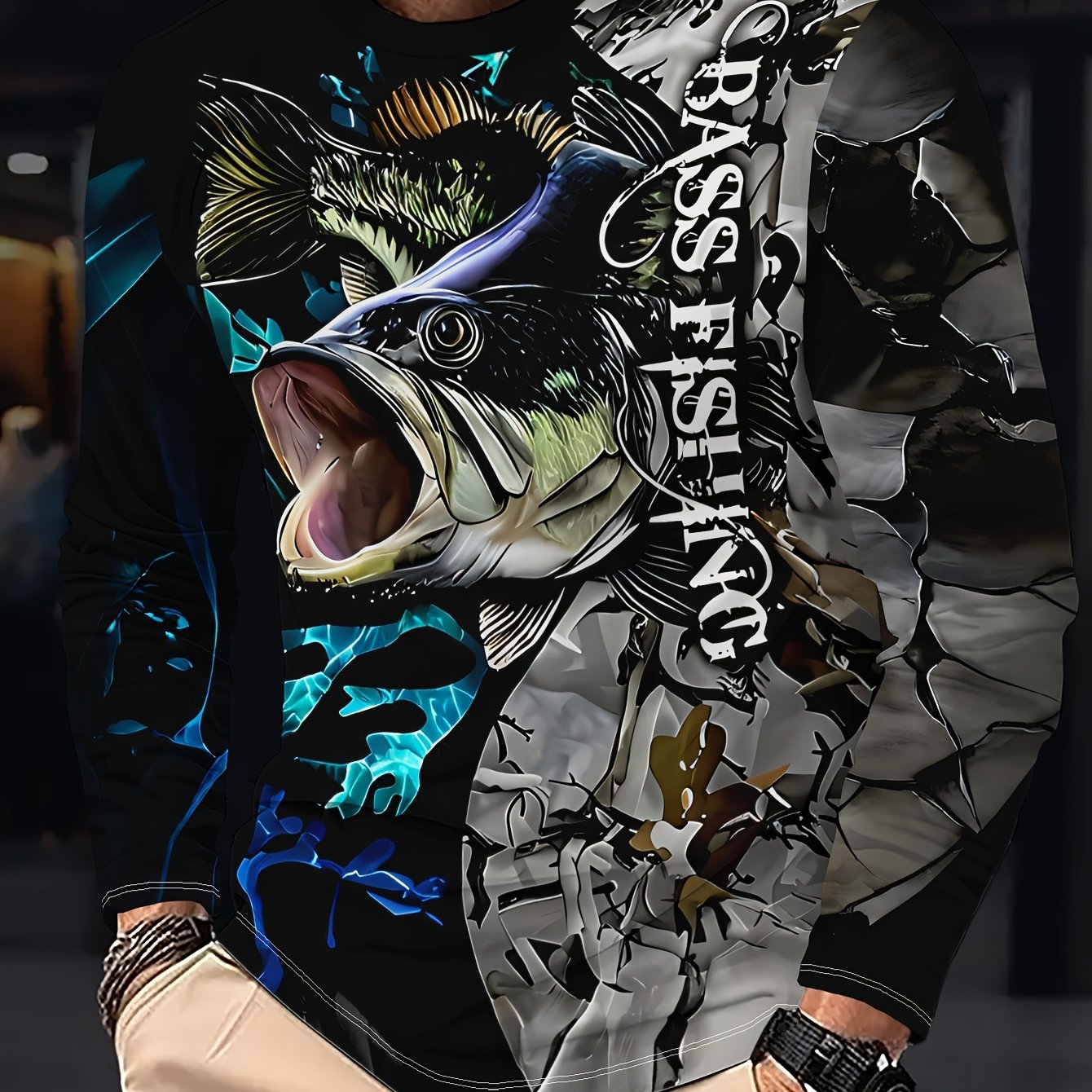 TEMU Men's Fishing-themed Long Sleeve T-shirt With Fish & Pattern - Soft Casual Outdoor Wear For Spring/fall, Round Neck Comfortable For, , And