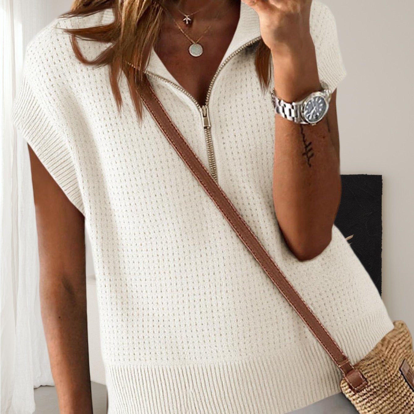 Womens Short Sleeve Cropped Tops | Half Zip Cap Sleeve Lightweight Oversized Sweater Vest | , Solid Color, Asymmetric Neck, Pullover, Regular Length