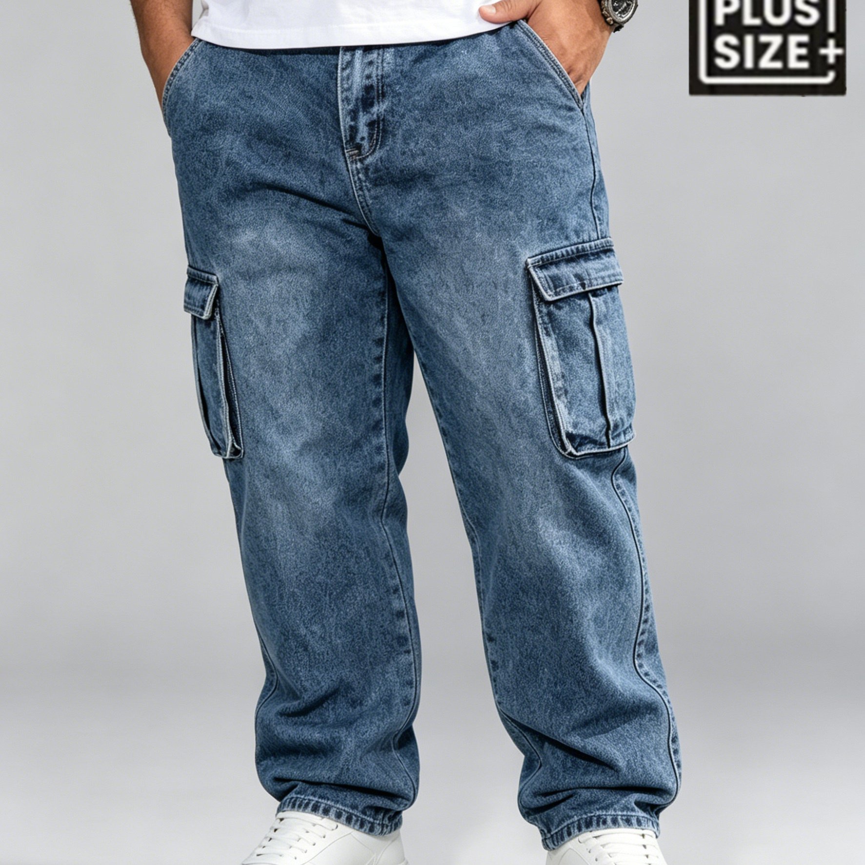 Image of Hme Plus Size Men's Washed Blue Cargo Denim Pants, Loose Multi Pocket Casual Trousers