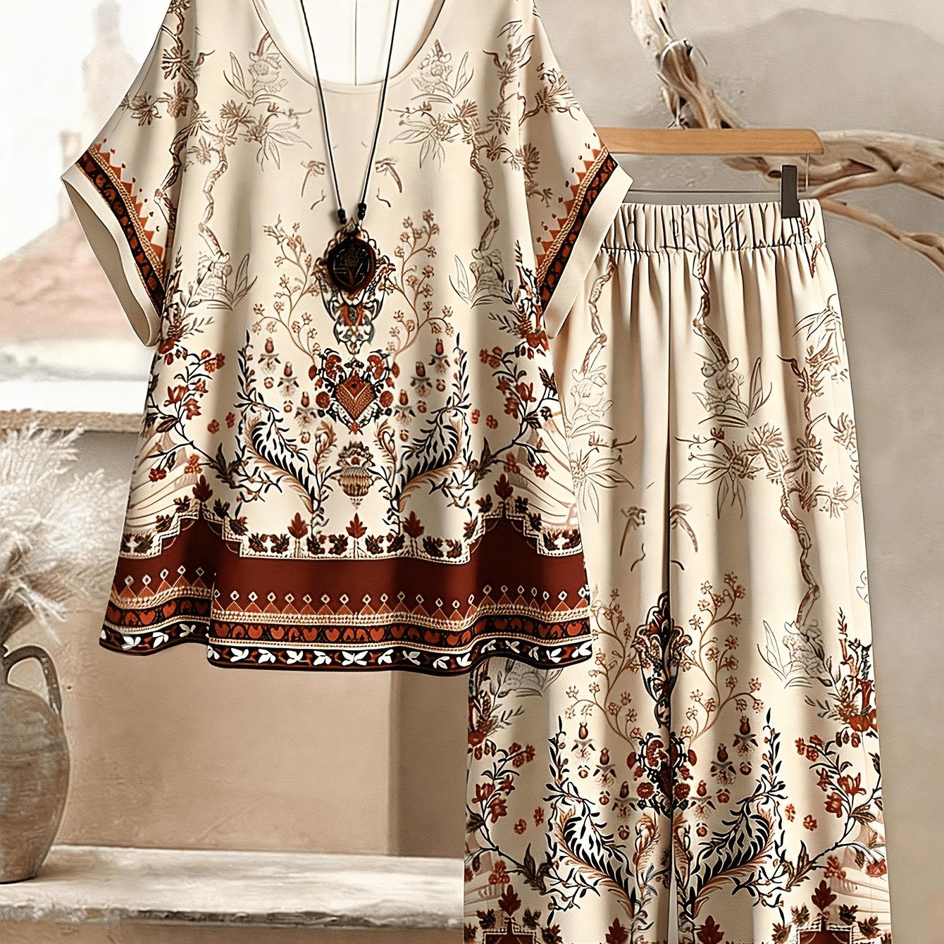TEMU Women's Loose-fit 2pcs Set, Bohemian Vintage Style, Floral Print, Round Neck, Batwing Sleeves, And Wide-leg Pants