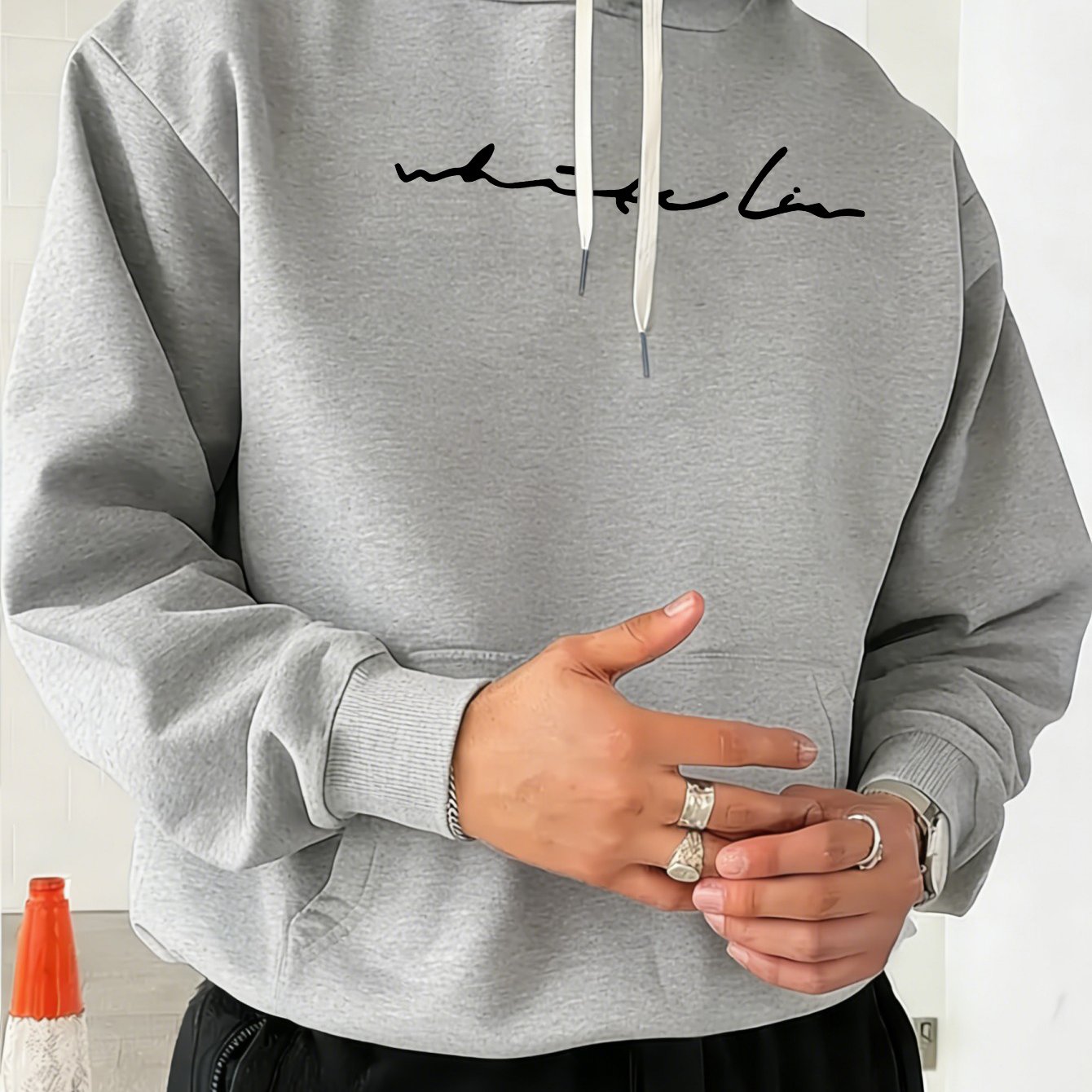Image of Men's Hooded Sweatshirt - Casual Polyester Knit Crewneck, Minimalist Signature , Machine Washable, Loose Fit, Suitable For Spring/fall, Essential Hooded Sweatshirt For Daily